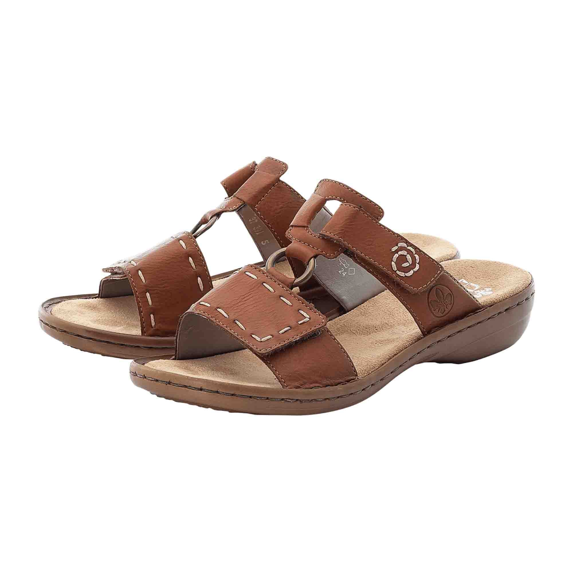 Rieker Women's Brown Slip-On Sandals with 30mm Heel and Velcro Strap