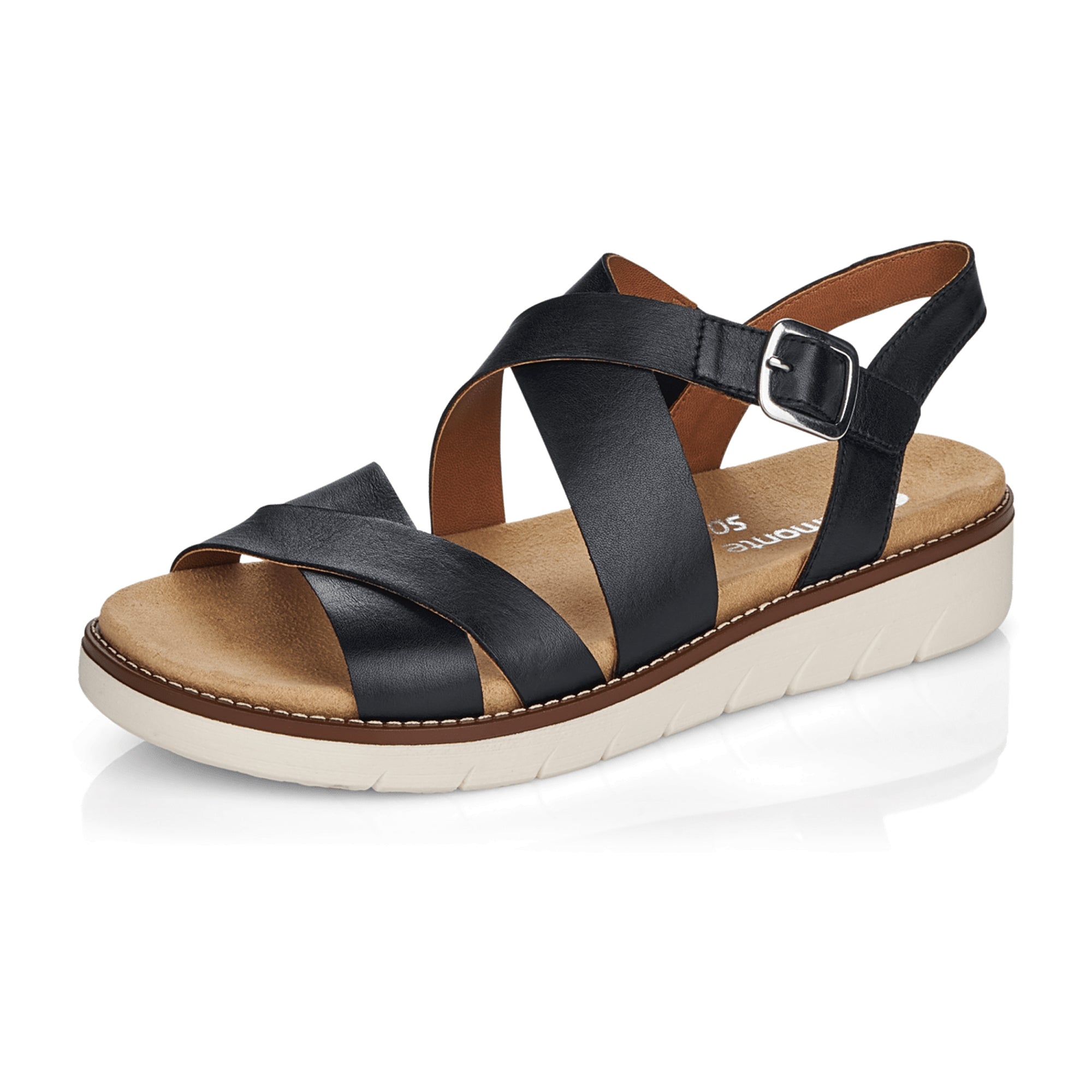 Remonte Women's Black Leather Sandals with Velcro Strap and Soft Footbed