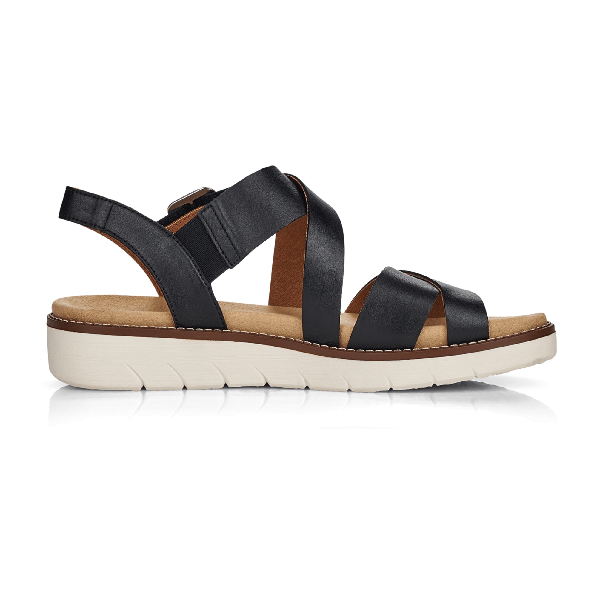 Remonte Women's Black Leather Sandals with Velcro Strap and Soft Footbed