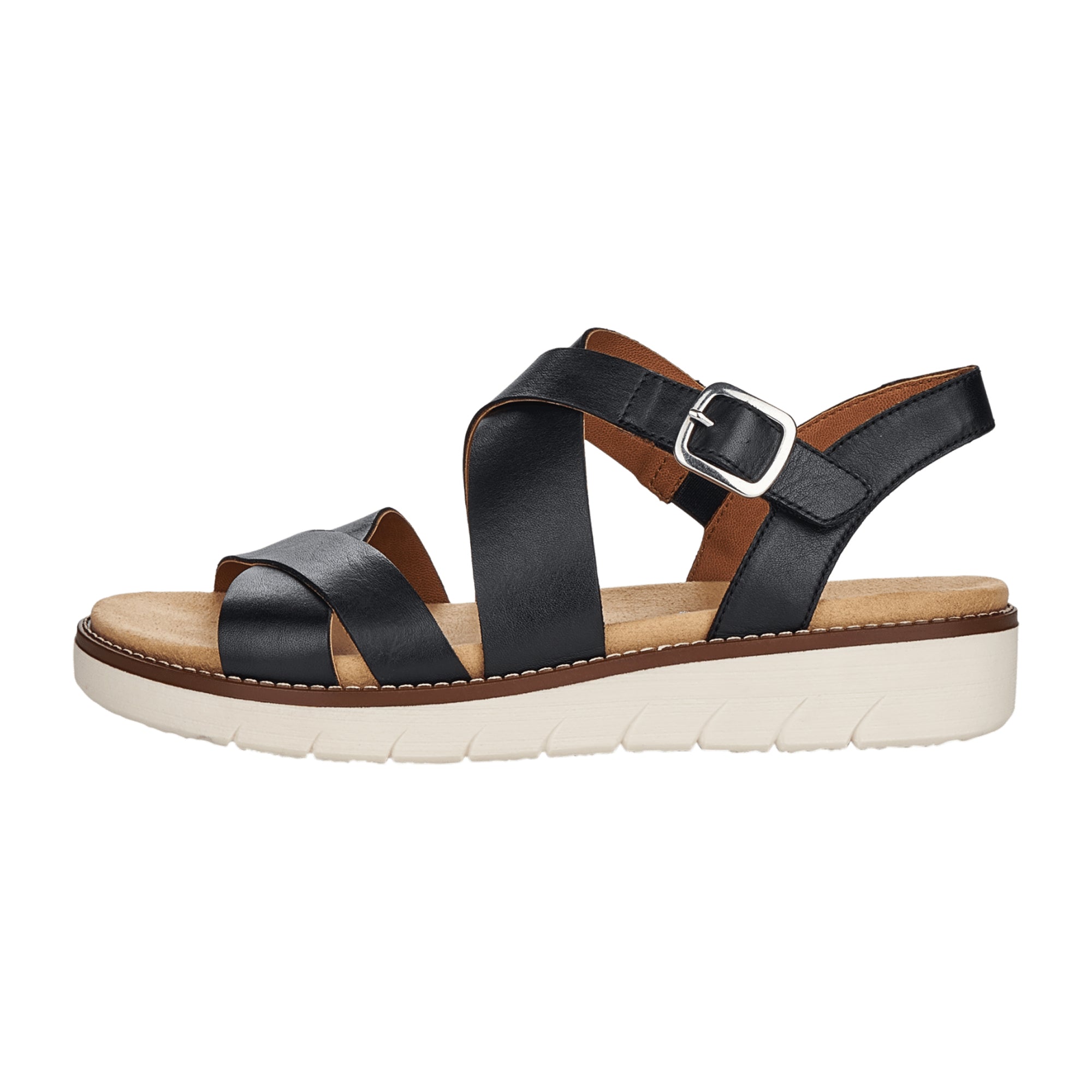 Remonte Women's Black Leather Sandals with Velcro Strap and Soft Footbed