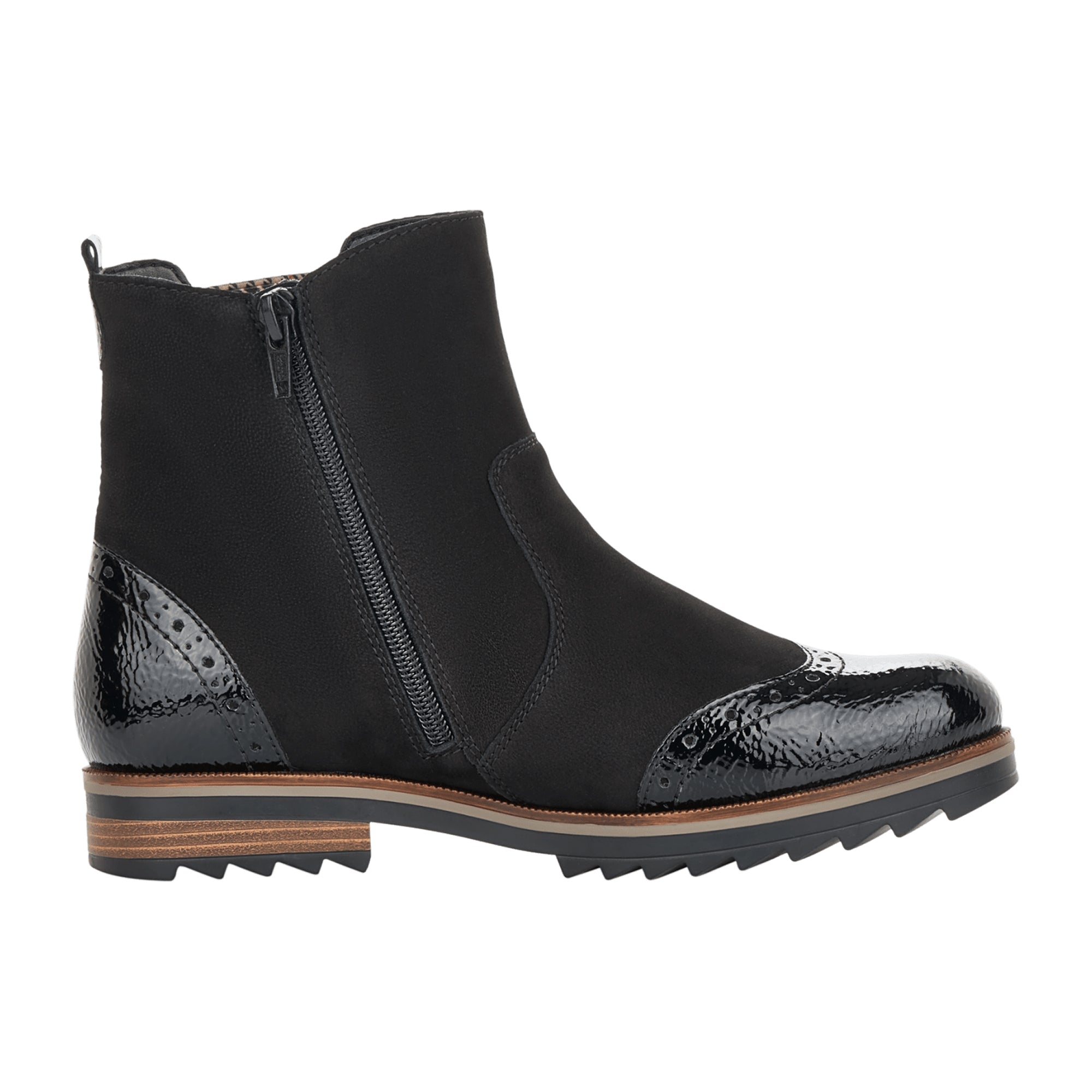 Remonte Women's Black Leather Ankle Boots with Block Heel and Zip Closure