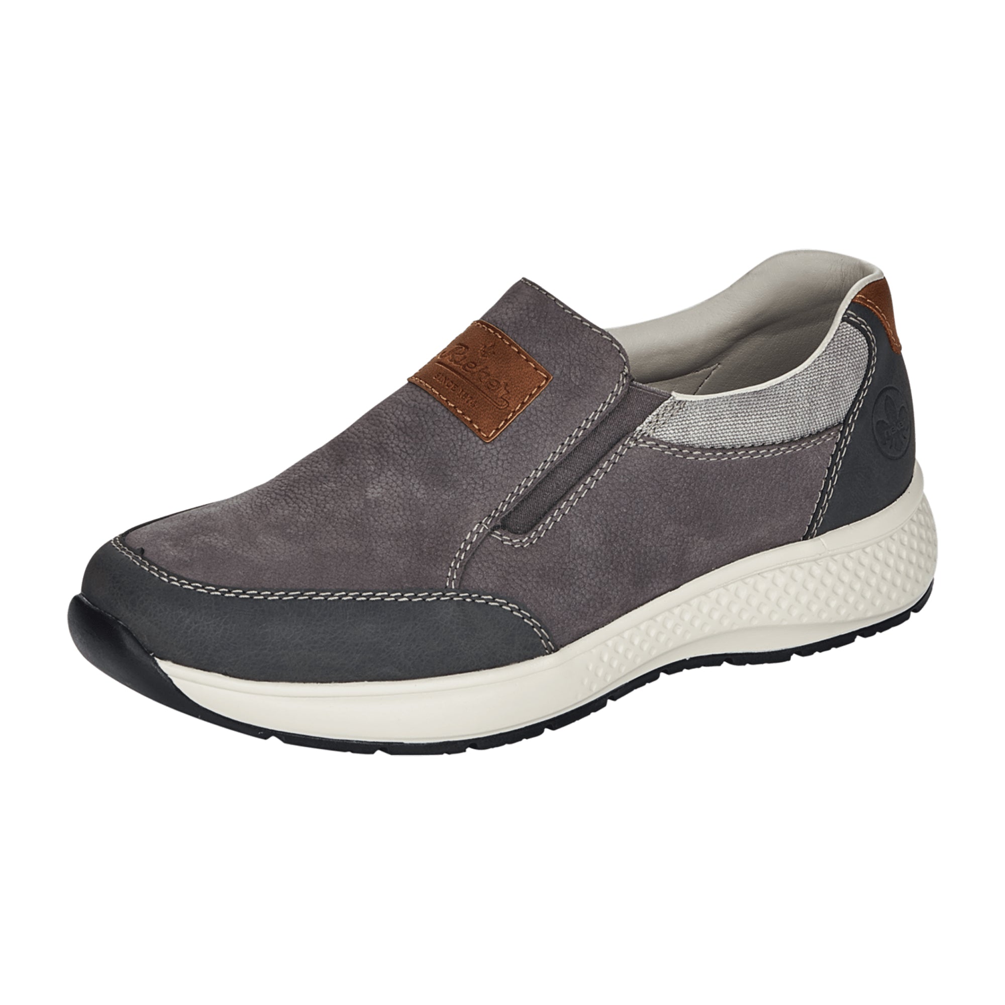Rieker B7658 Mens Gray Leather Slip-On Shoes with Elastic Insert and Soft Insole