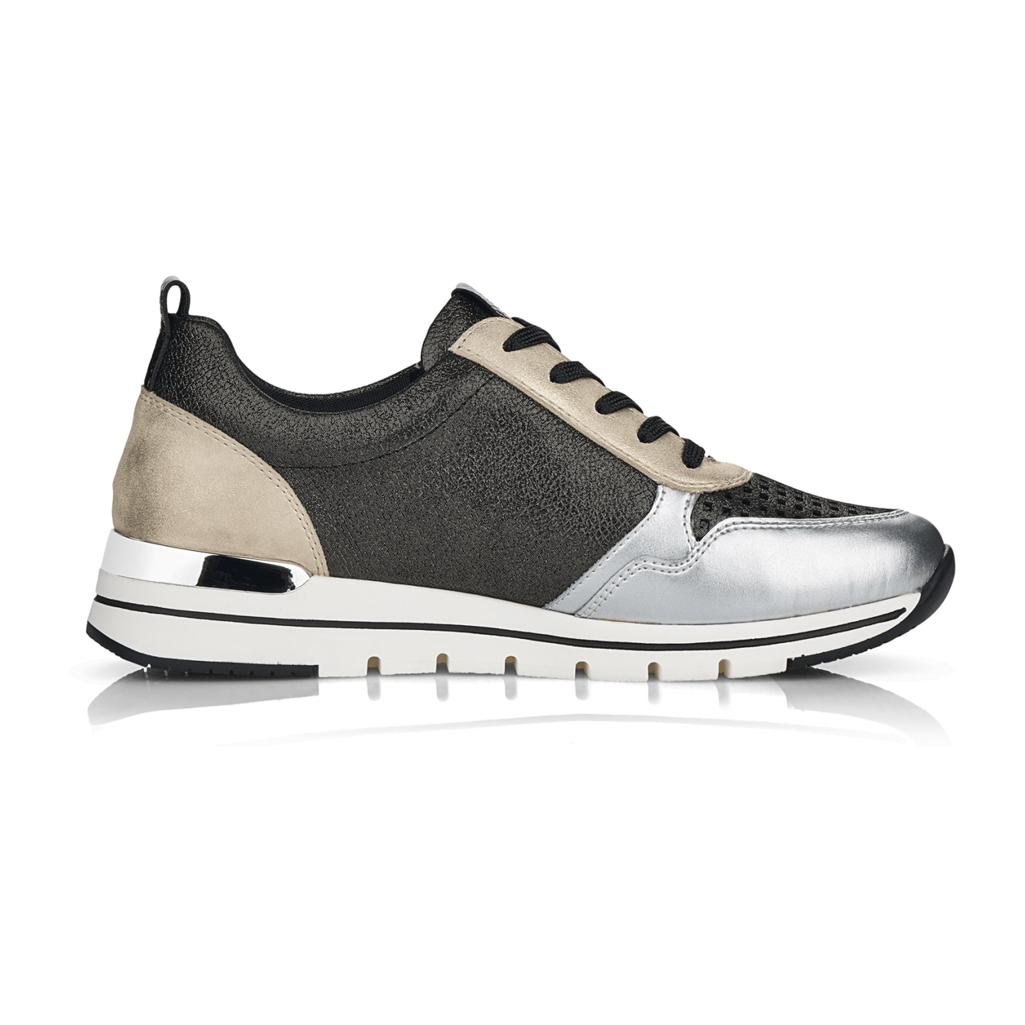 Remonte Women's Black Leather Sneakers with Wedge Heel and Lace-Up Closure