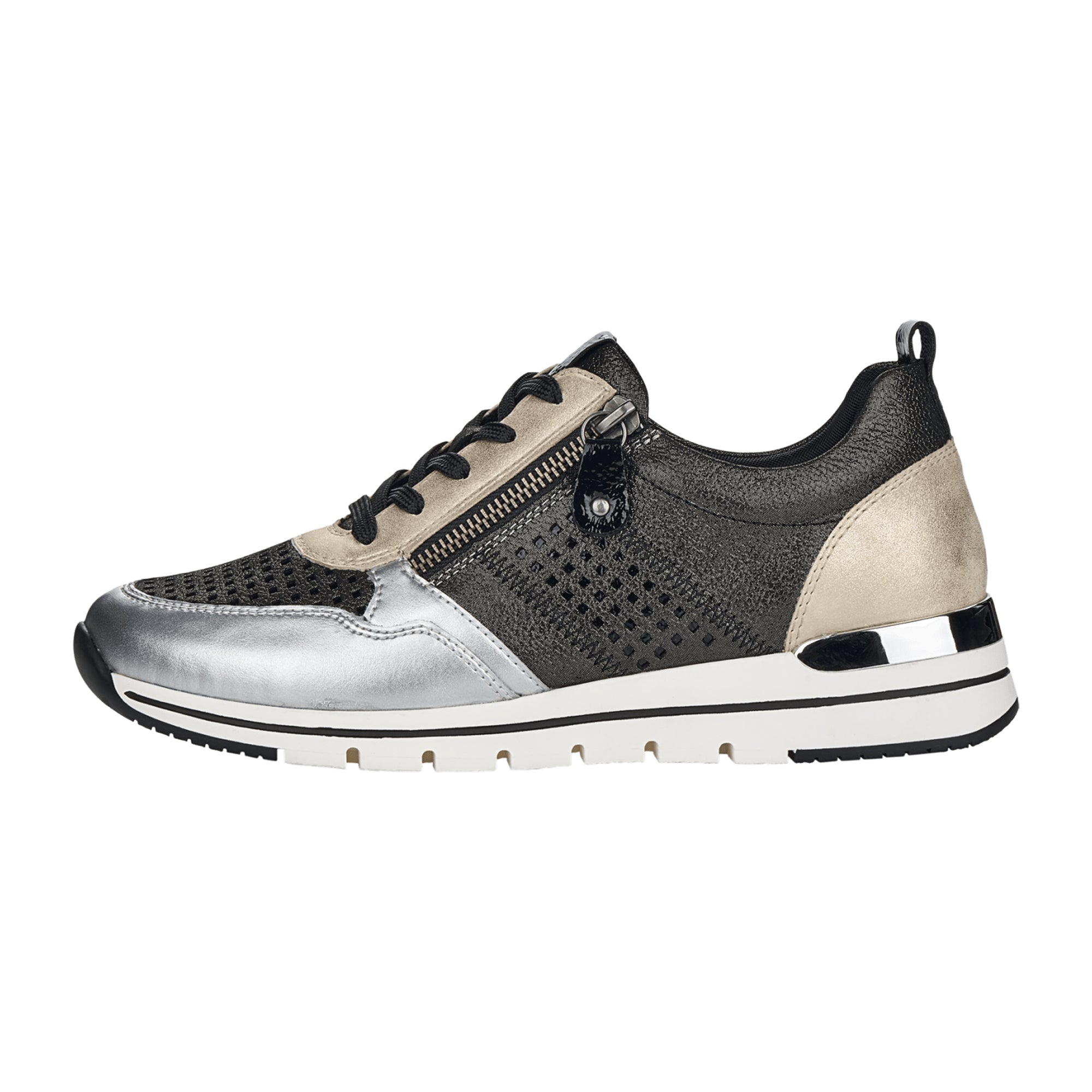 Remonte Women's Black Leather Sneakers with Wedge Heel and Lace-Up Closure