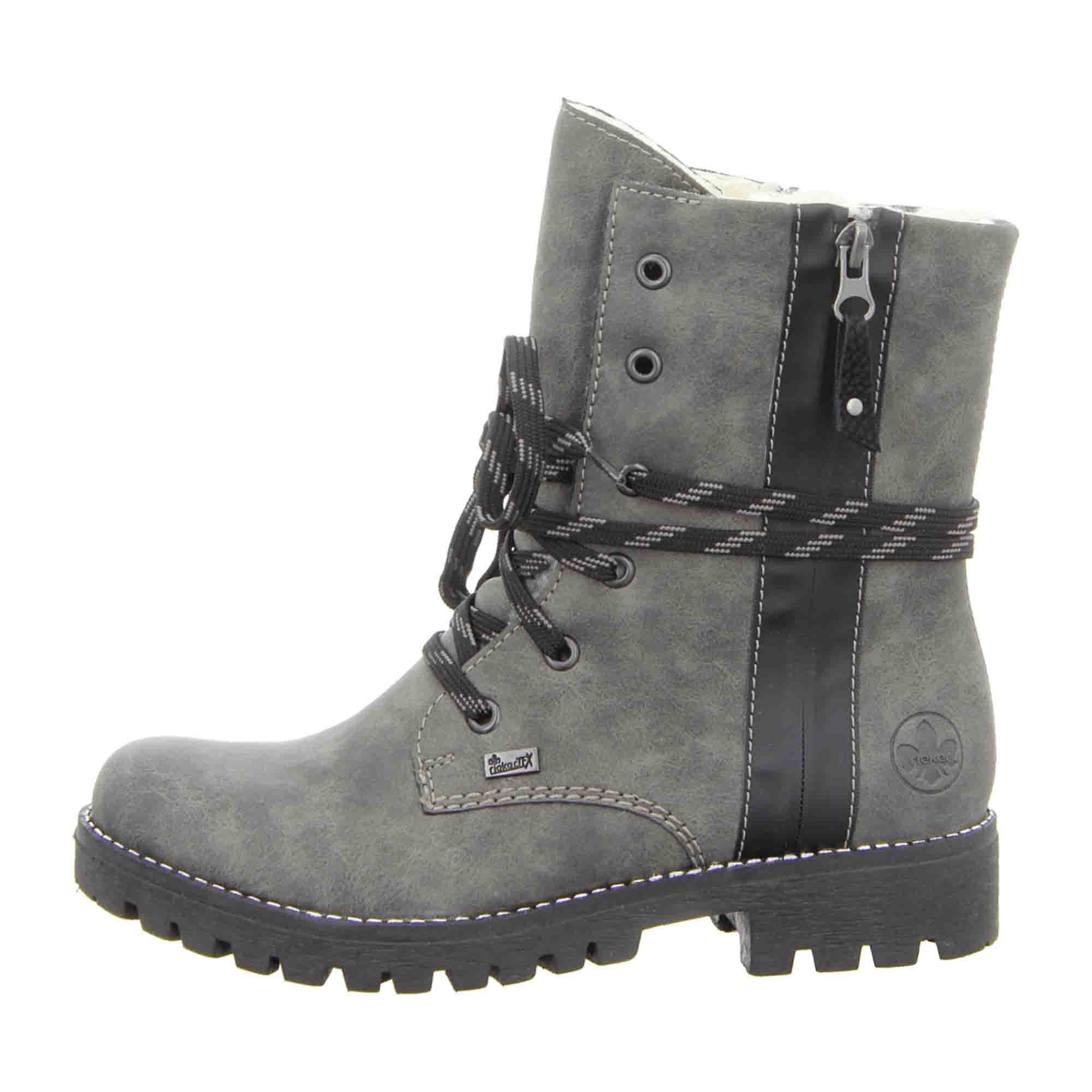 Rieker Women's Grey Lace-Up Ankle Boots with Warm Lining and Side Zip