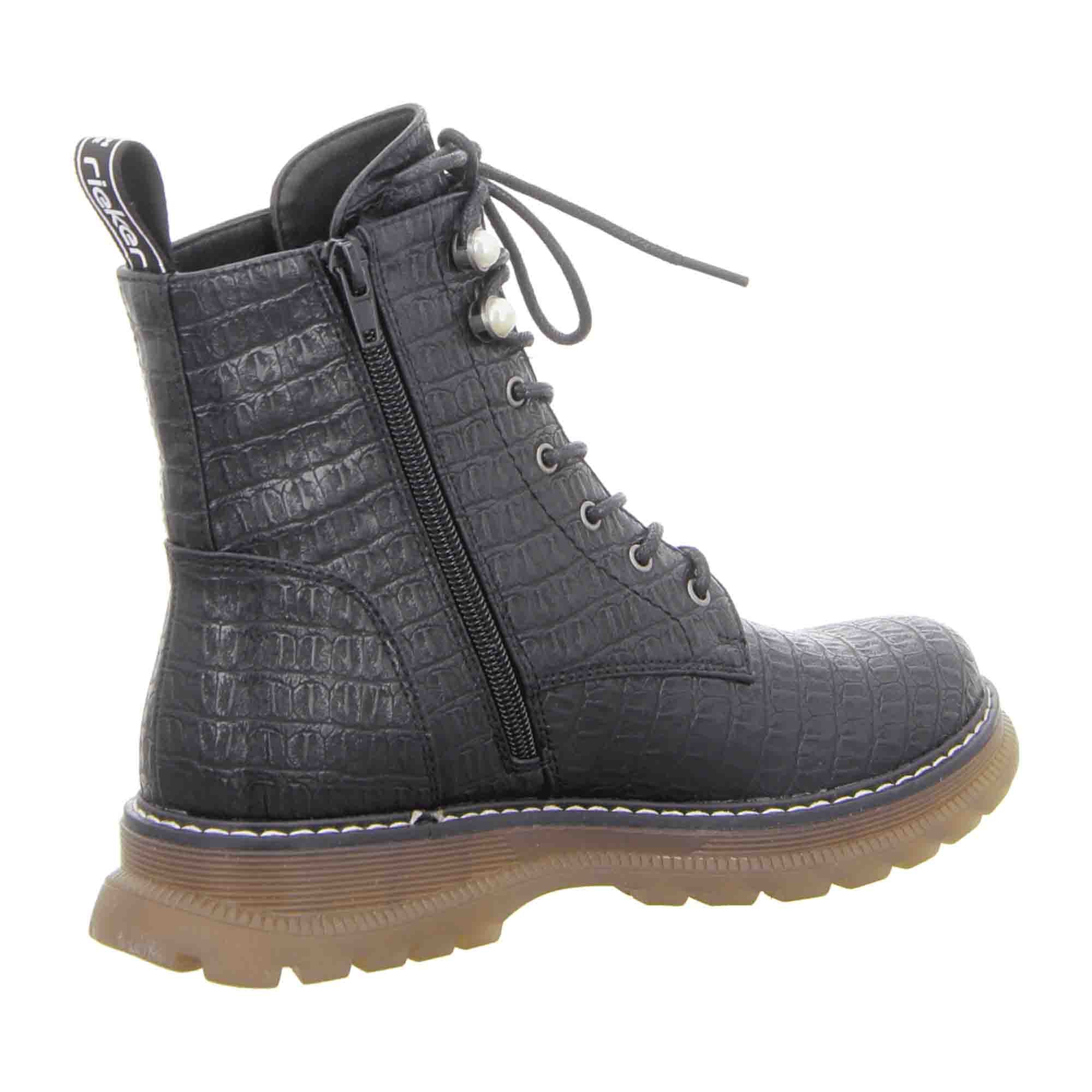 Rieker Women's Black Lace-Up Ankle Boots with Warm Lining and Pearl Detail