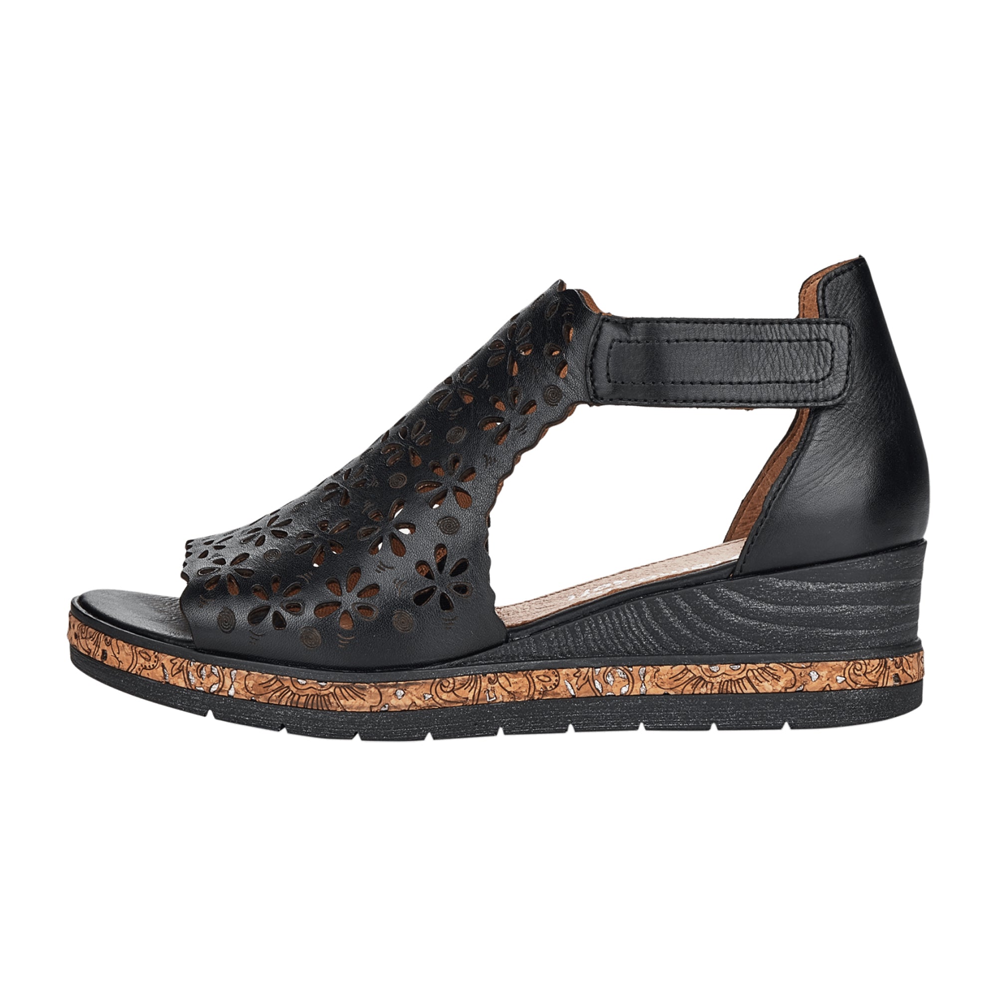 Remonte Black Leather Wedge Sandals for Women with Floral Design and Velcro Strap - Bartel-Shop