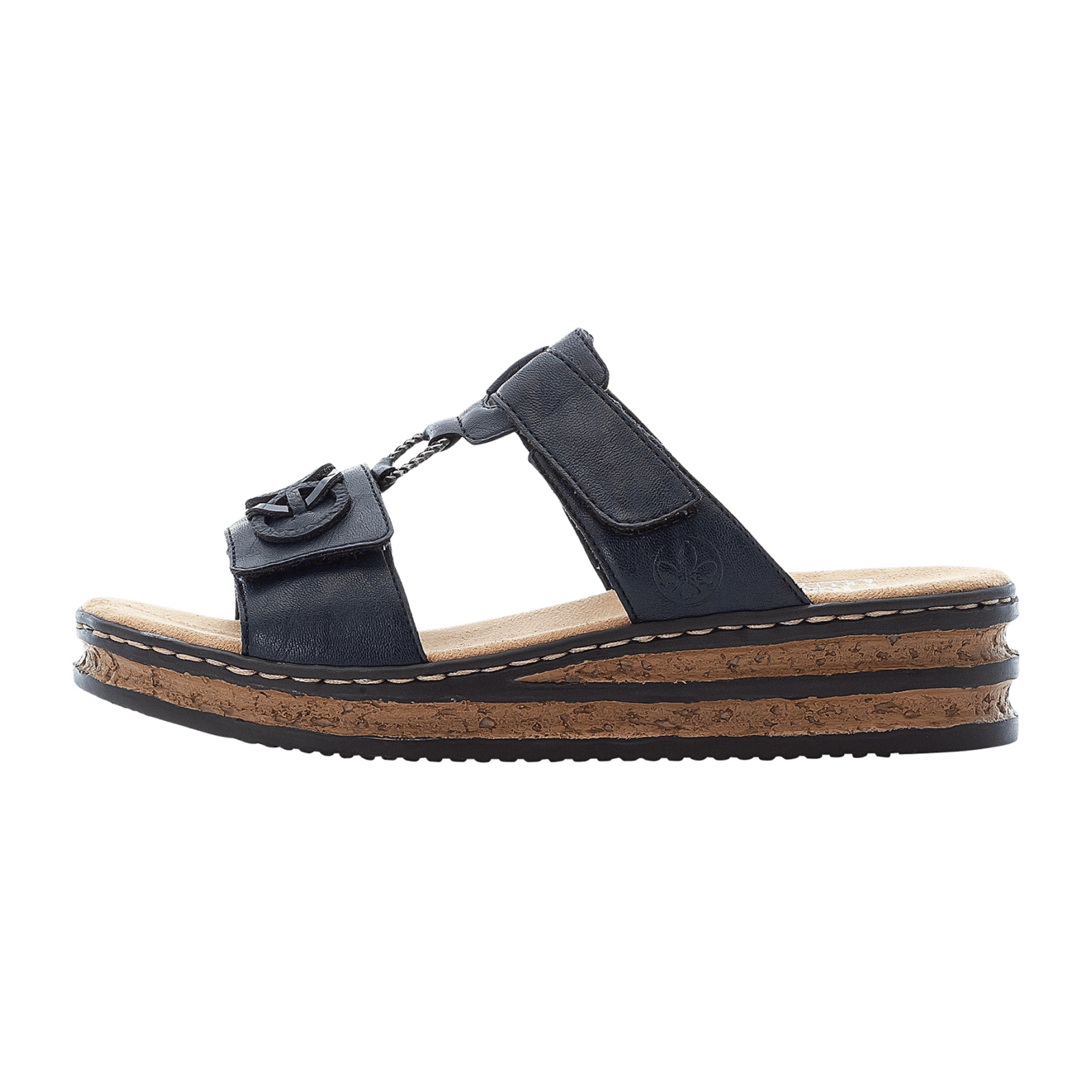 Rieker Women's Blue Pantolette Sandals with 30mm Heel and Velcro Closure