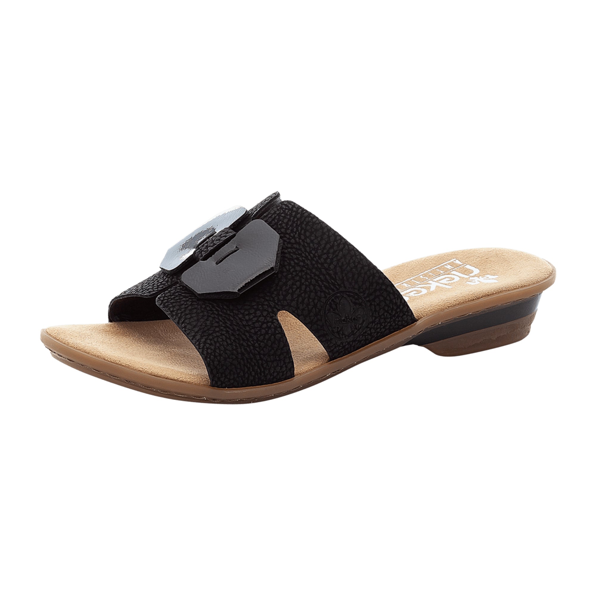 Rieker Black Slip-On Women's Sandals with Lacquer Detail and Block Heel