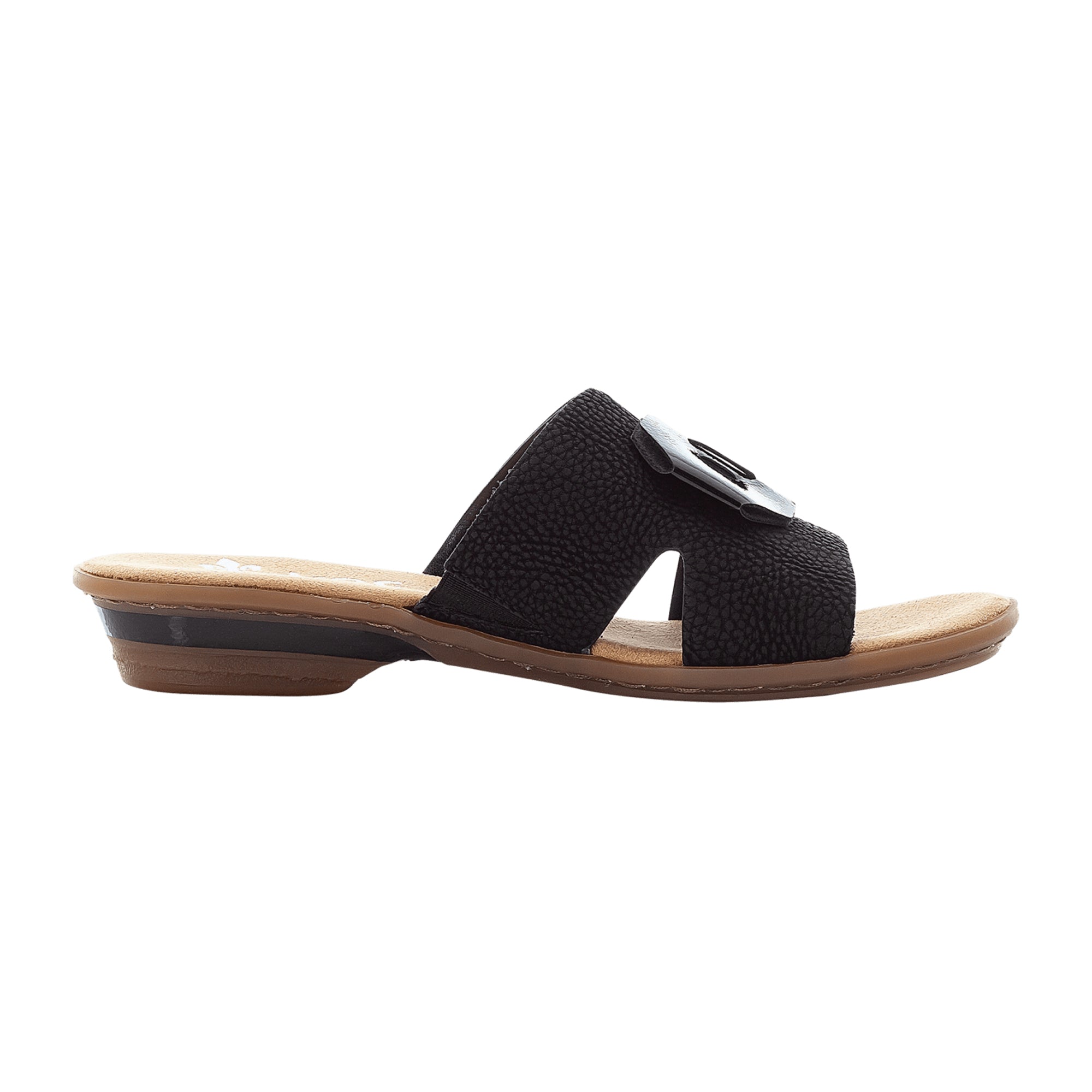 Rieker Black Slip-On Women's Sandals with Lacquer Detail and Block Heel