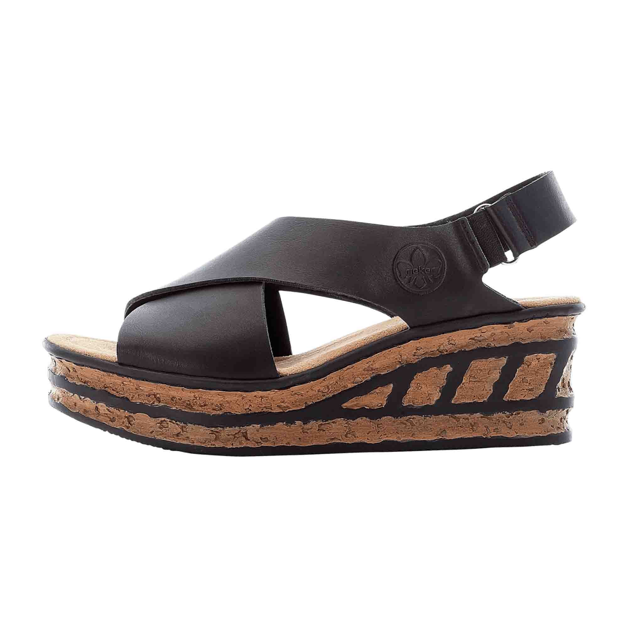 Rieker Women's Black Sandalettes with Elastic Straps and Wedge Heel