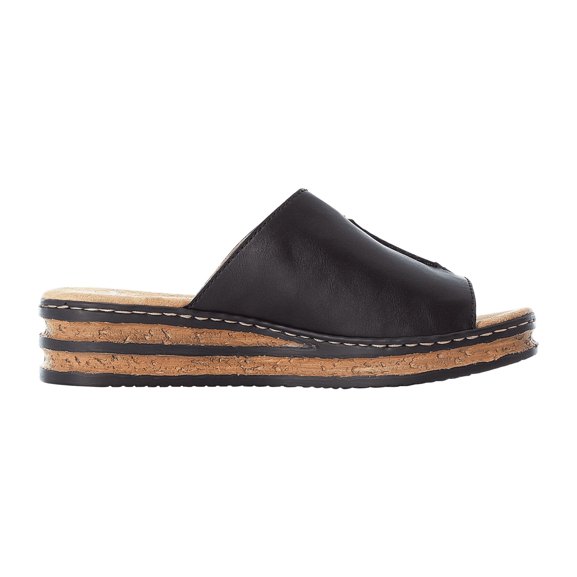 Rieker Women's Black Slip-On Sandals with Wedge Heel and Soft Insole