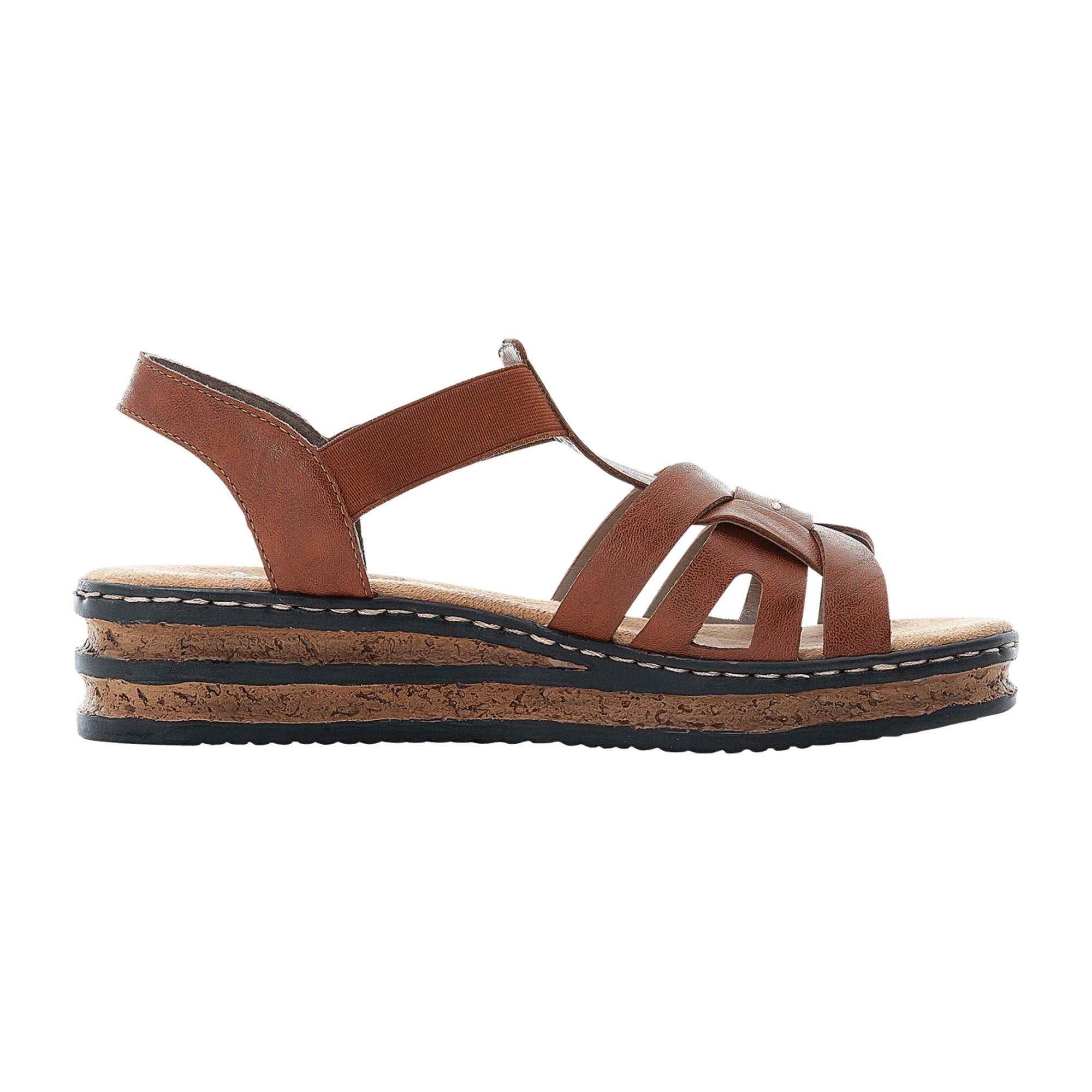 Rieker Women's Brown Wedge Sandals with Elastic Strap and Cushioned Sole