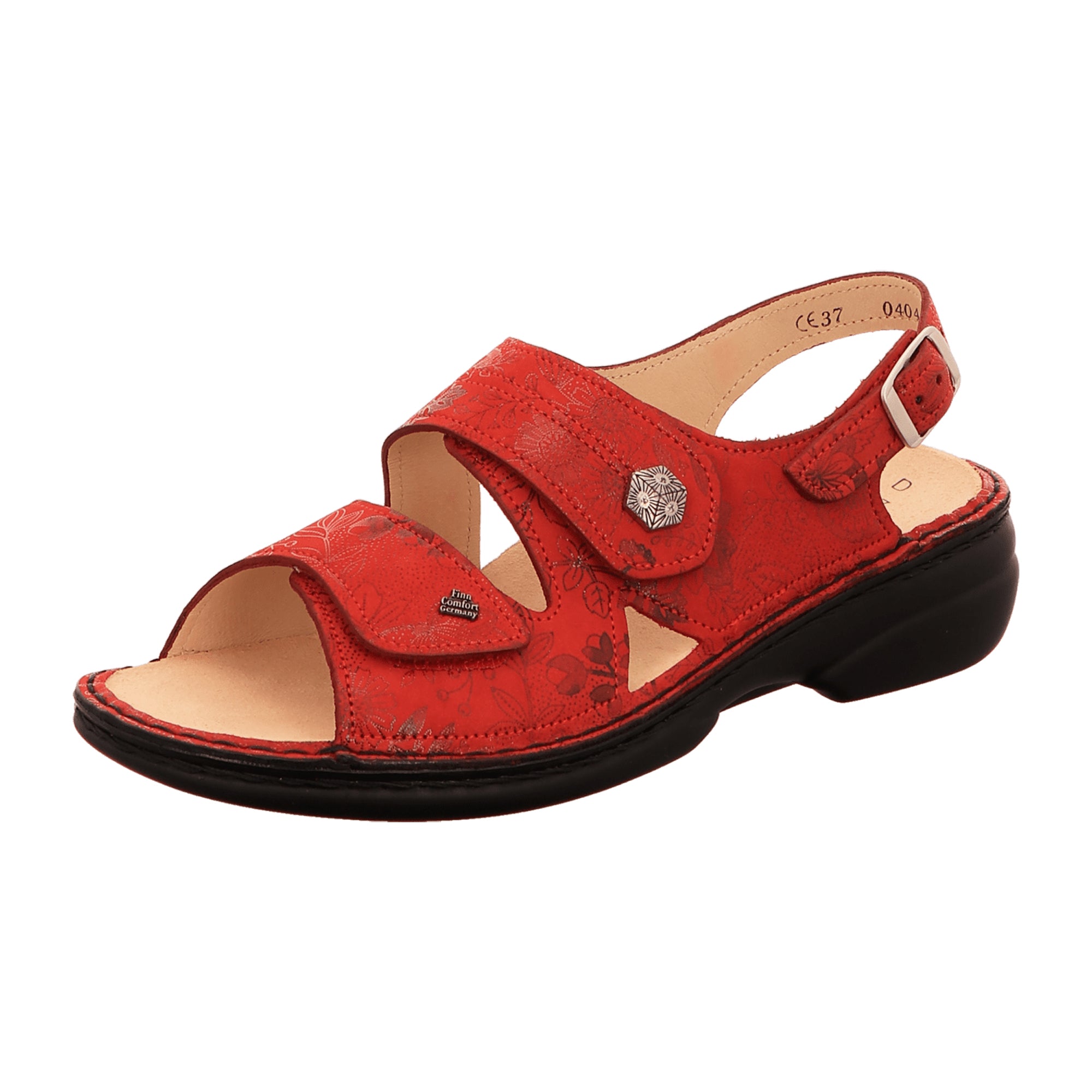 Finn Comfort Milos Women's Sandals - Red Nubuck Leather with Flower Design and Metal Brooch, Adjustable Fit