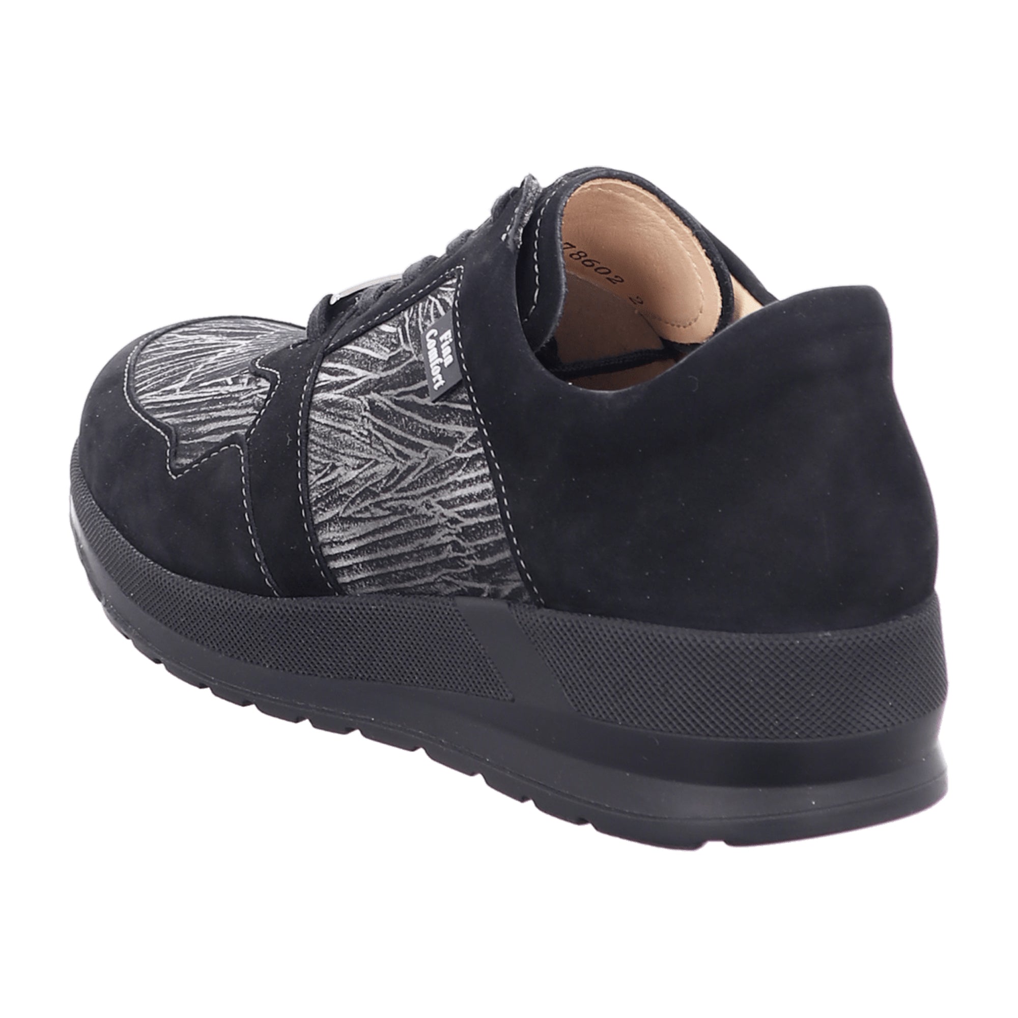 Finn Comfort Drena Women's Comfort Lace-Up Shoes - Black/Silver with Removable Insole, Nubuck/Crumble Leather