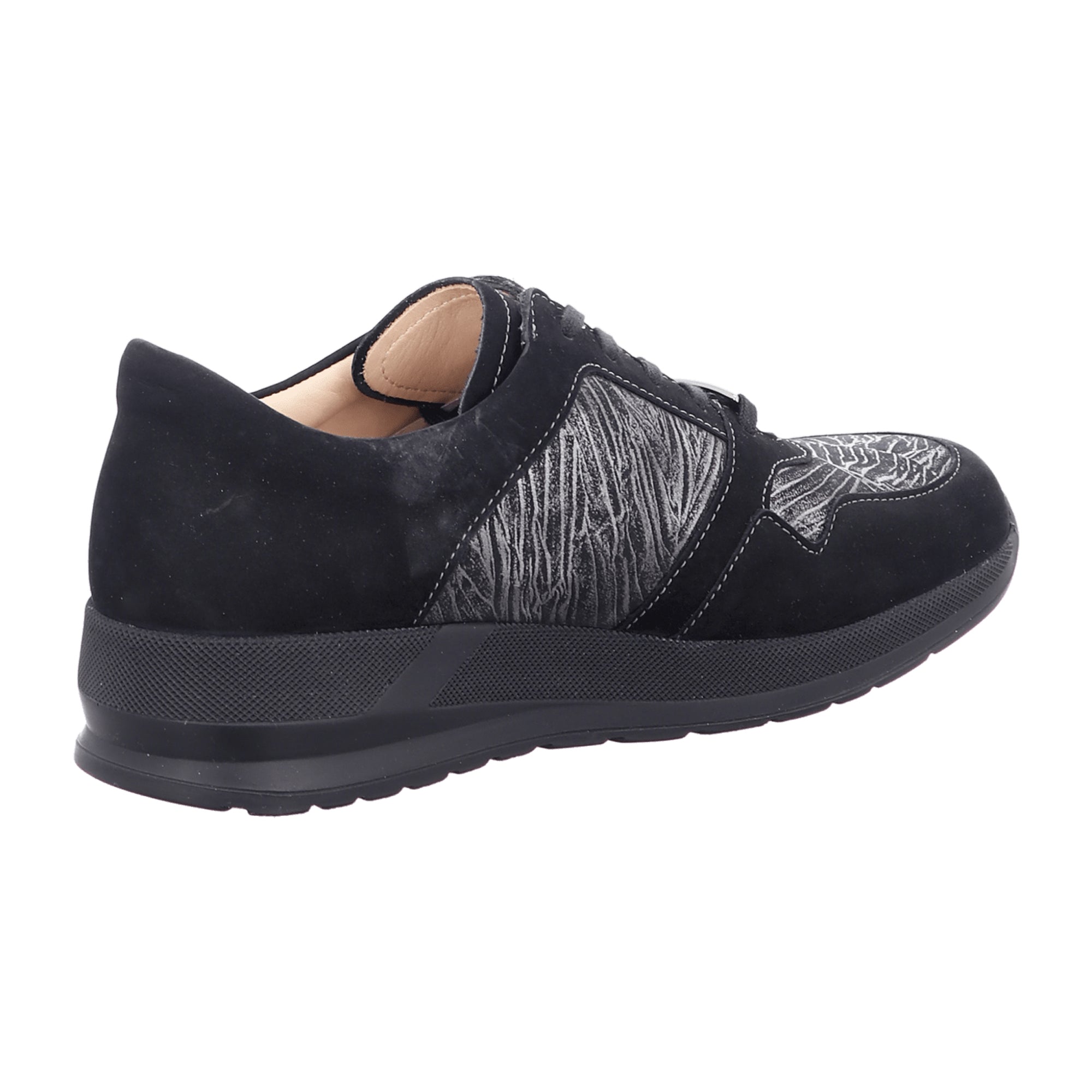 Finn Comfort Drena Women's Comfort Lace-Up Shoes - Black/Silver with Removable Insole, Nubuck/Crumble Leather