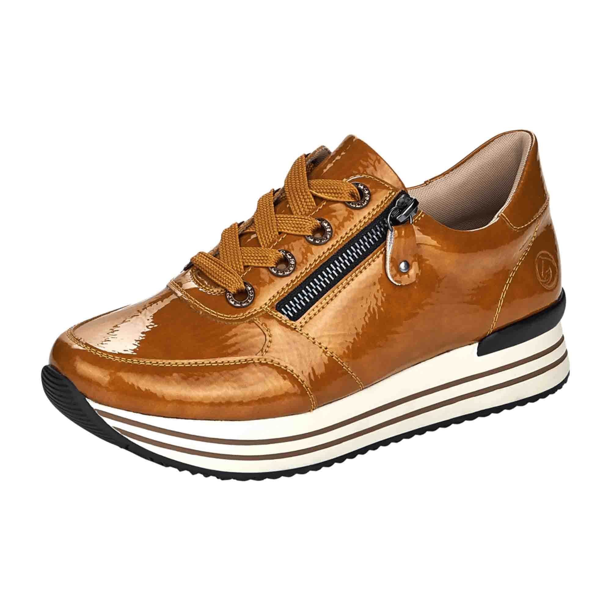 Remonte Women's Orange Sneakers with Zip Lace Combo and Thick White Sole