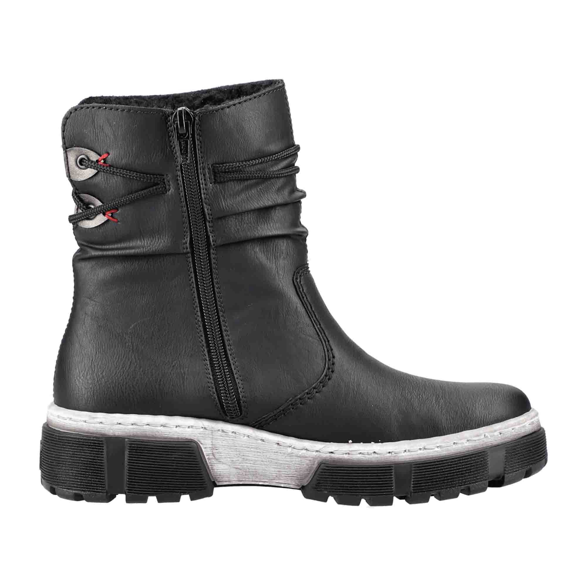 Rieker Women's Black Warm Lined Ankle Boots with Zipper and Pull-On Design