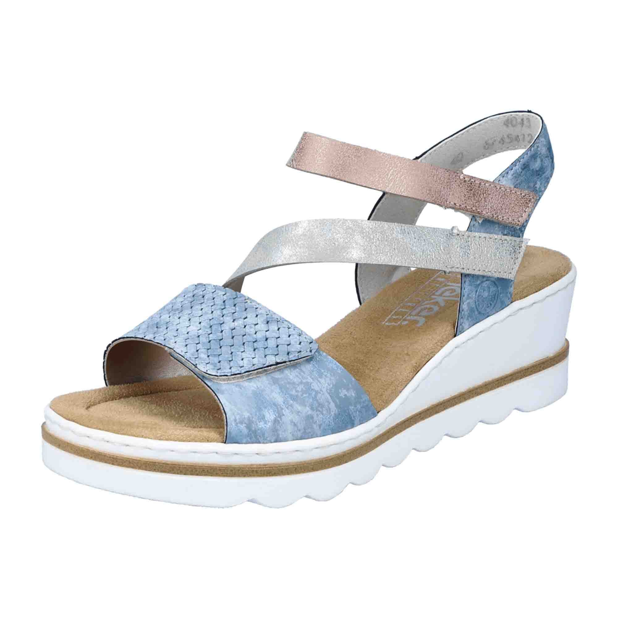 Rieker Blue Combination Women's Sandals with Wedge Heel and Open Toe