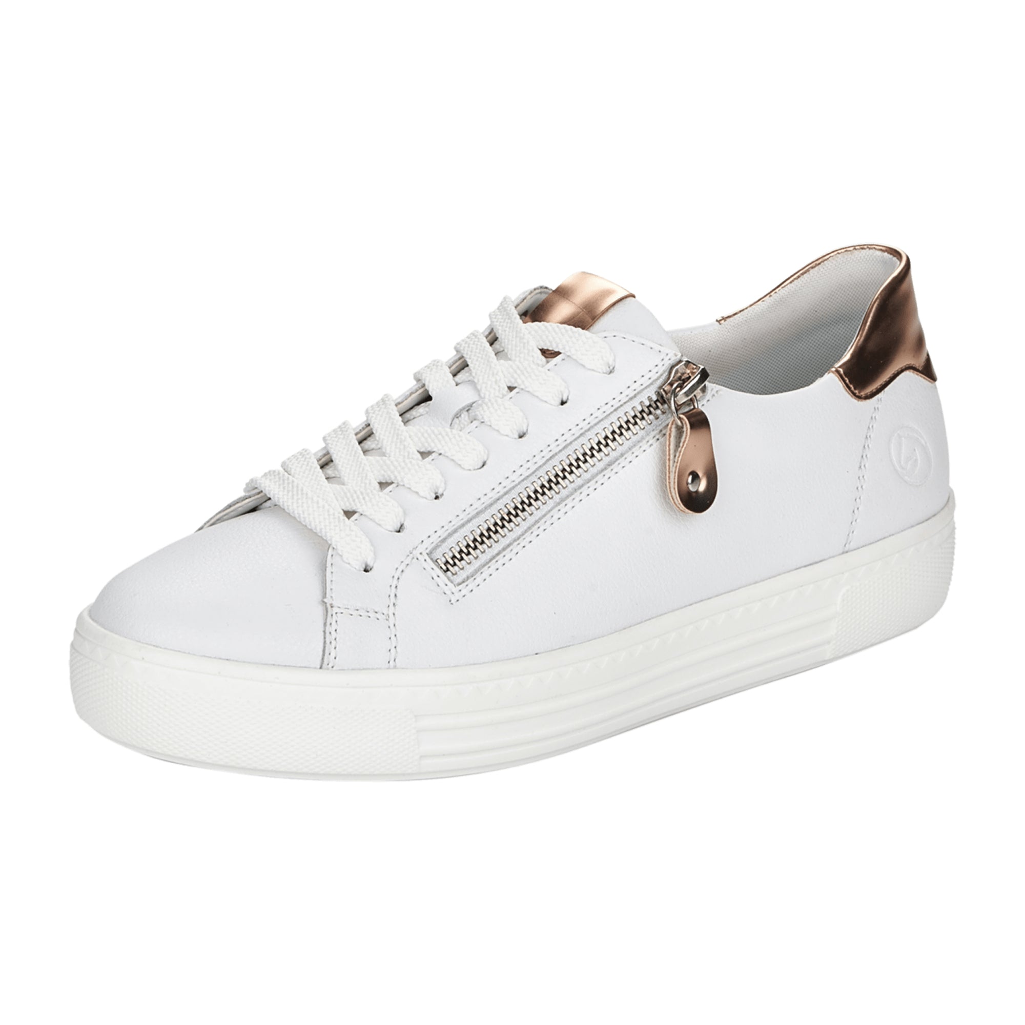 Remonte White Leather Sneakers for Women with Zipper and Laces