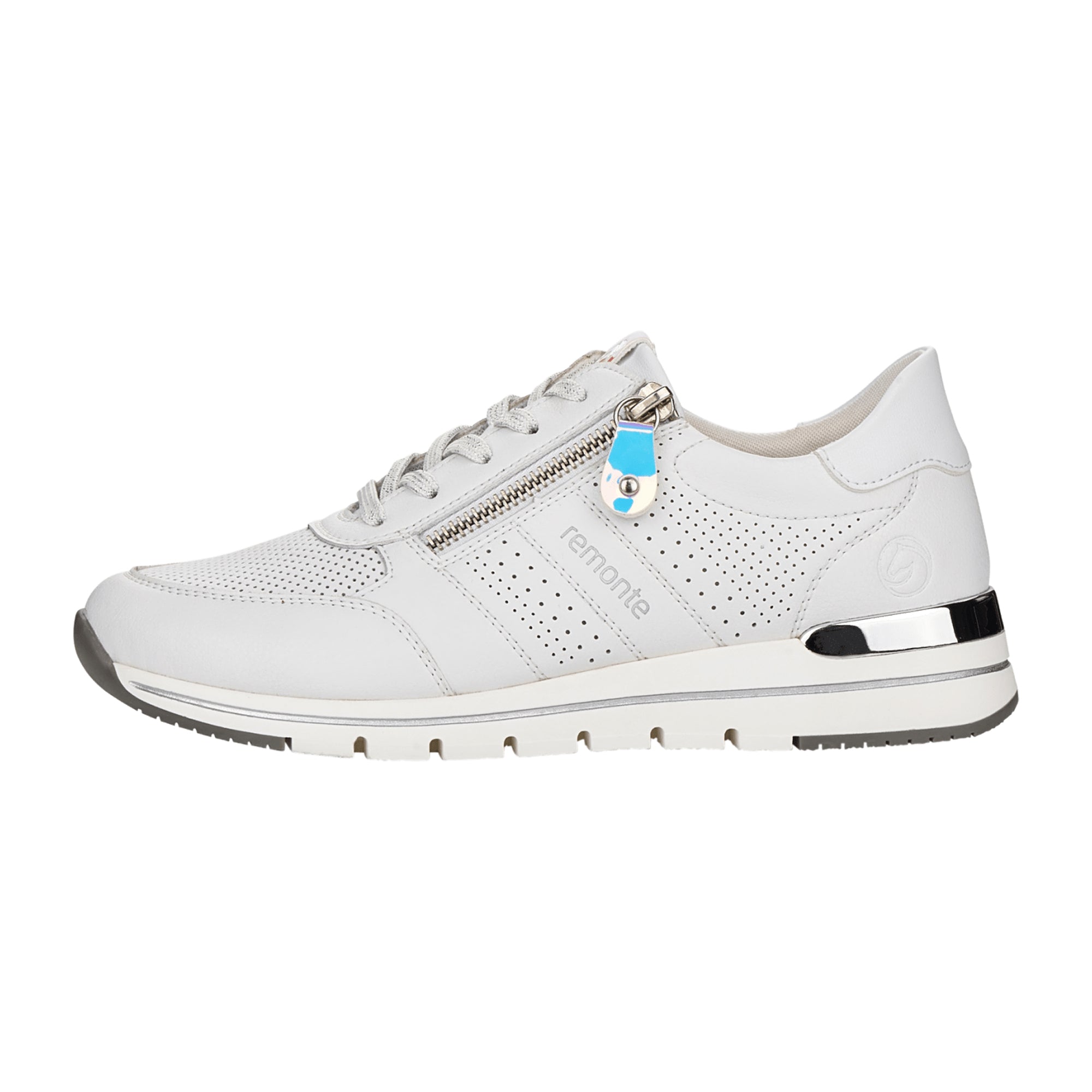 Remonte Women's White Leather Sneakers with Zipper and Laces
