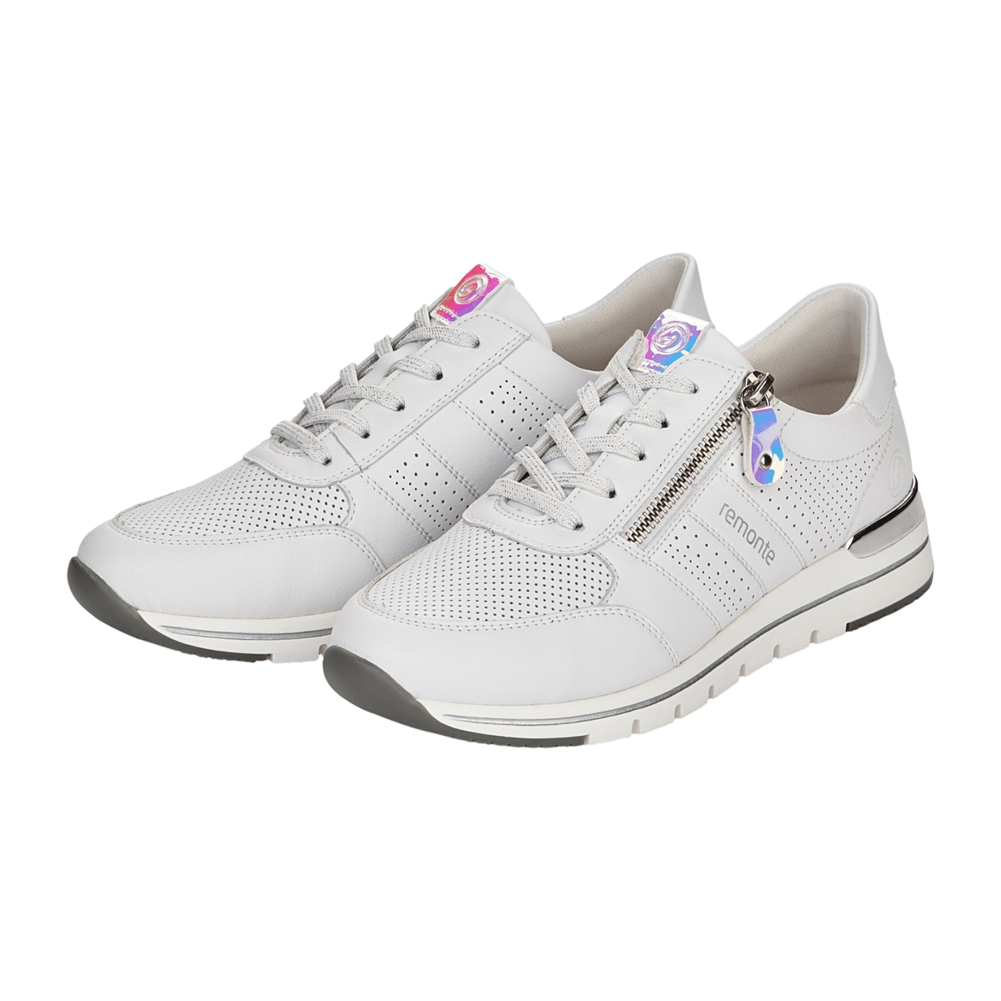 Remonte Women's White Leather Sneakers with Zipper and Laces