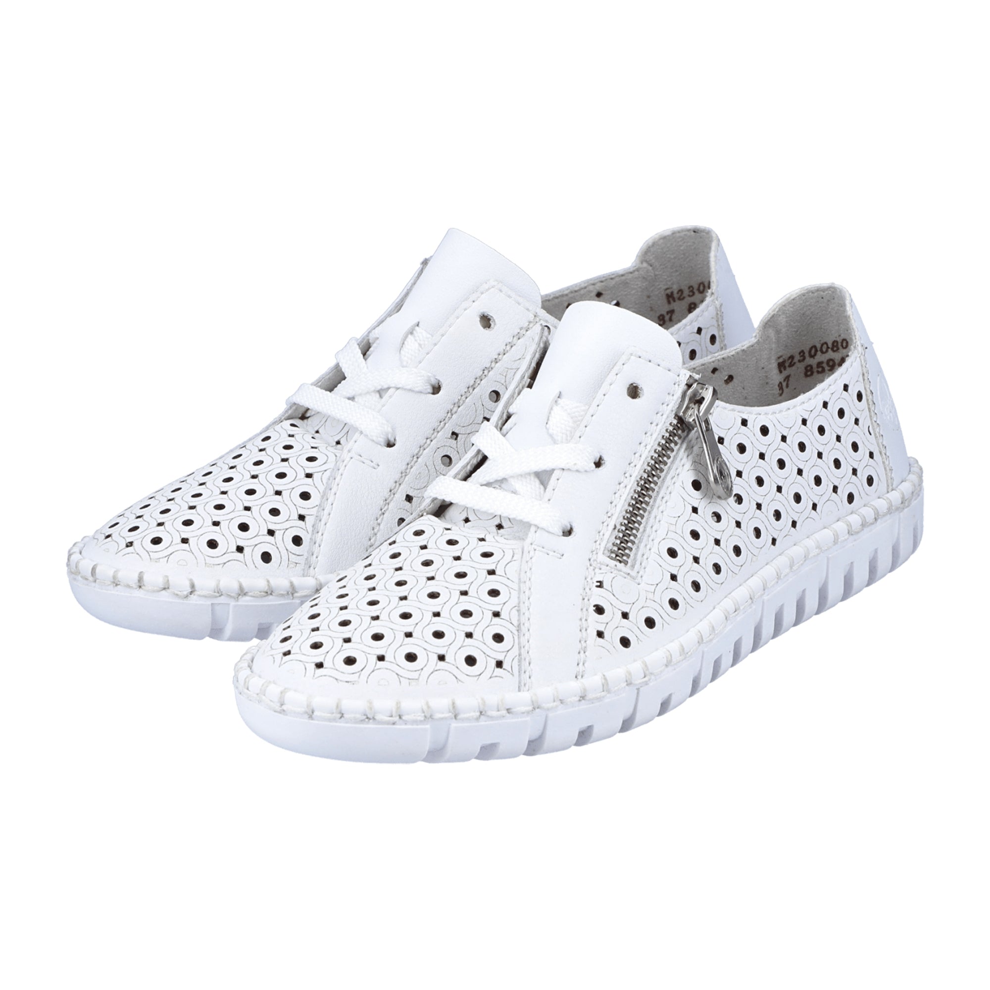 Rieker White Leather Lace-Up Shoes for Women with Perforated or Braided Design