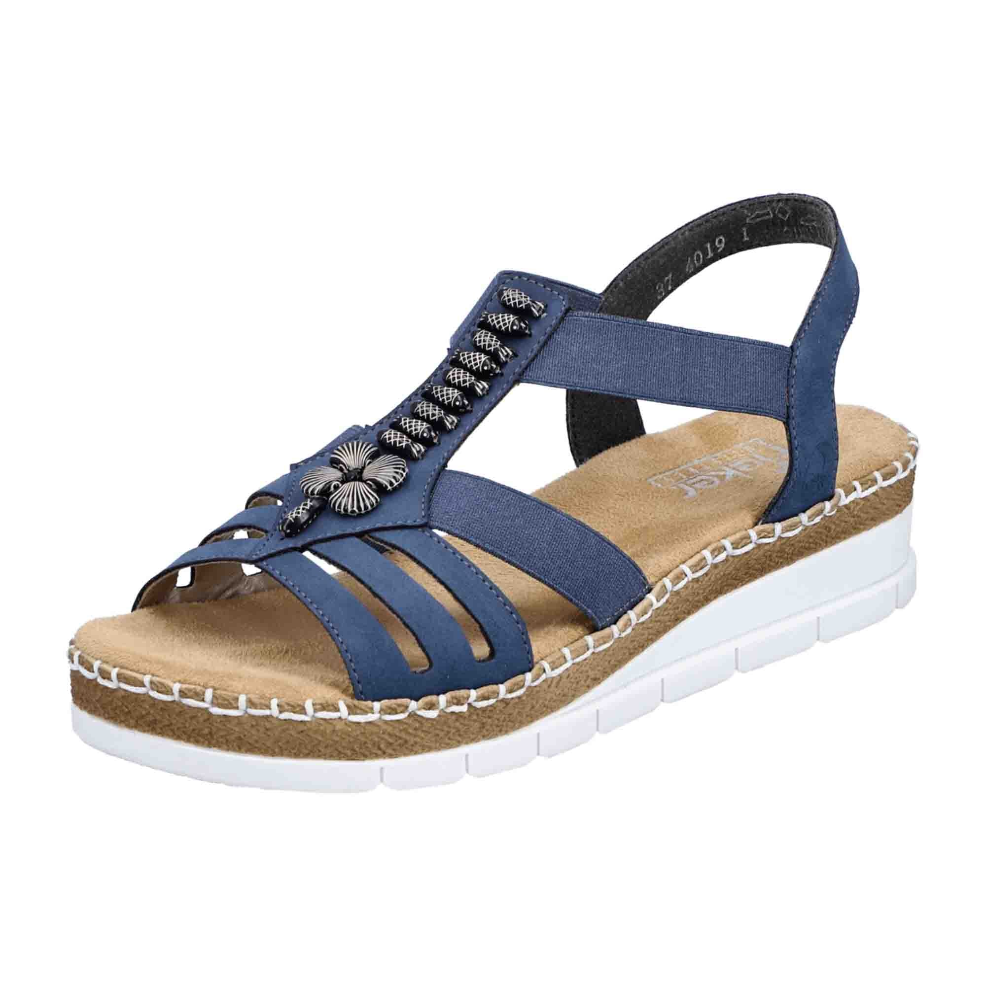 Rieker Women's Pacific Blue Elastic Strap Sandals with Bead Detail and Wedge Heel