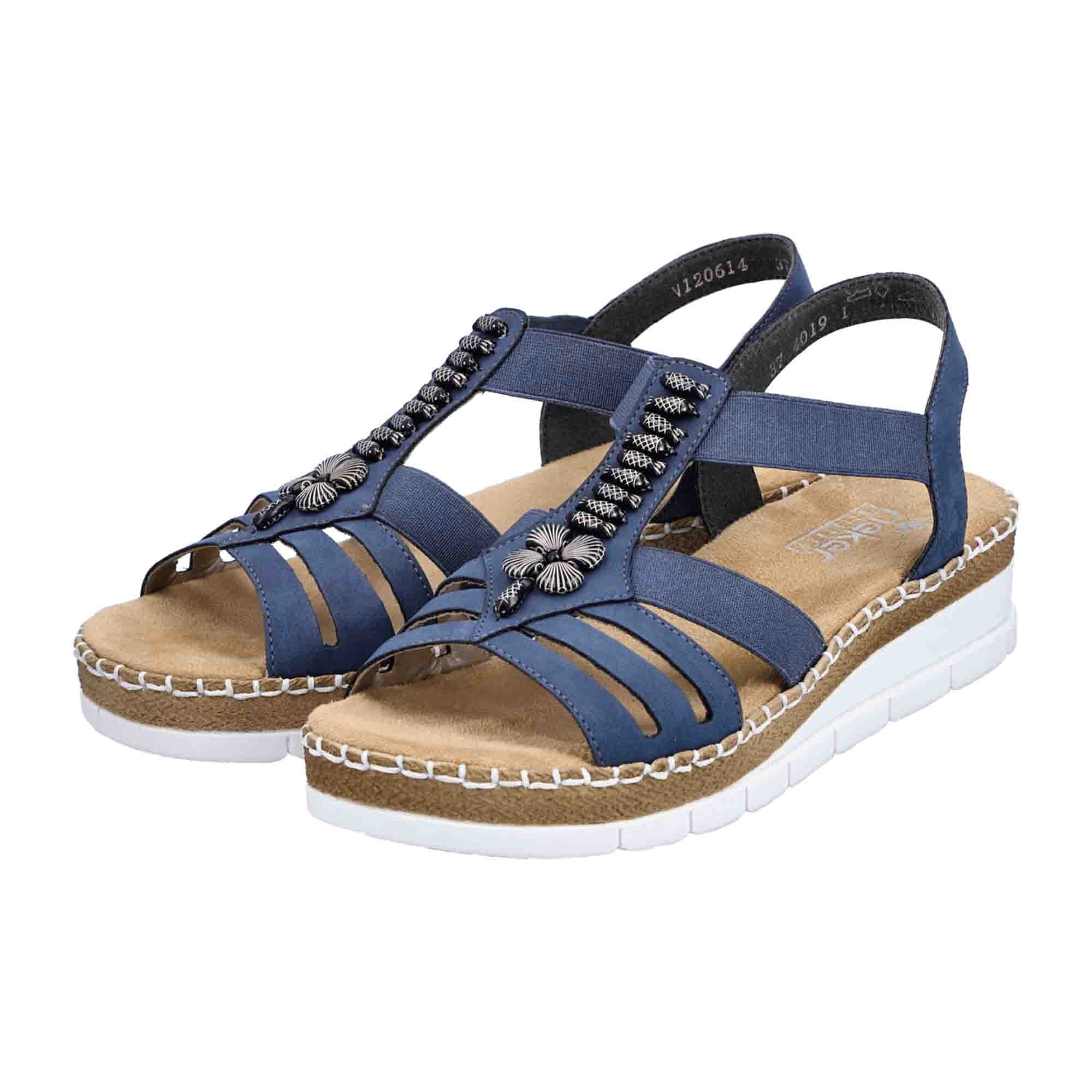 Rieker Women's Pacific Blue Elastic Strap Sandals with Bead Detail and Wedge Heel