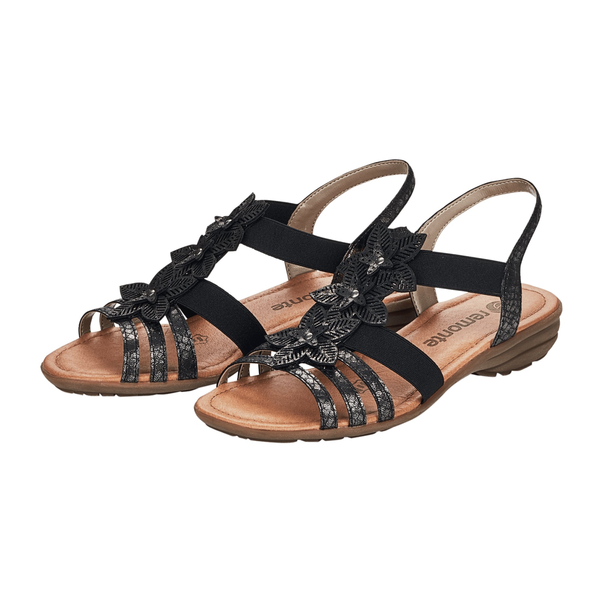 Remonte Women's Black Sandals with Floral Strap and Cushioned Sole