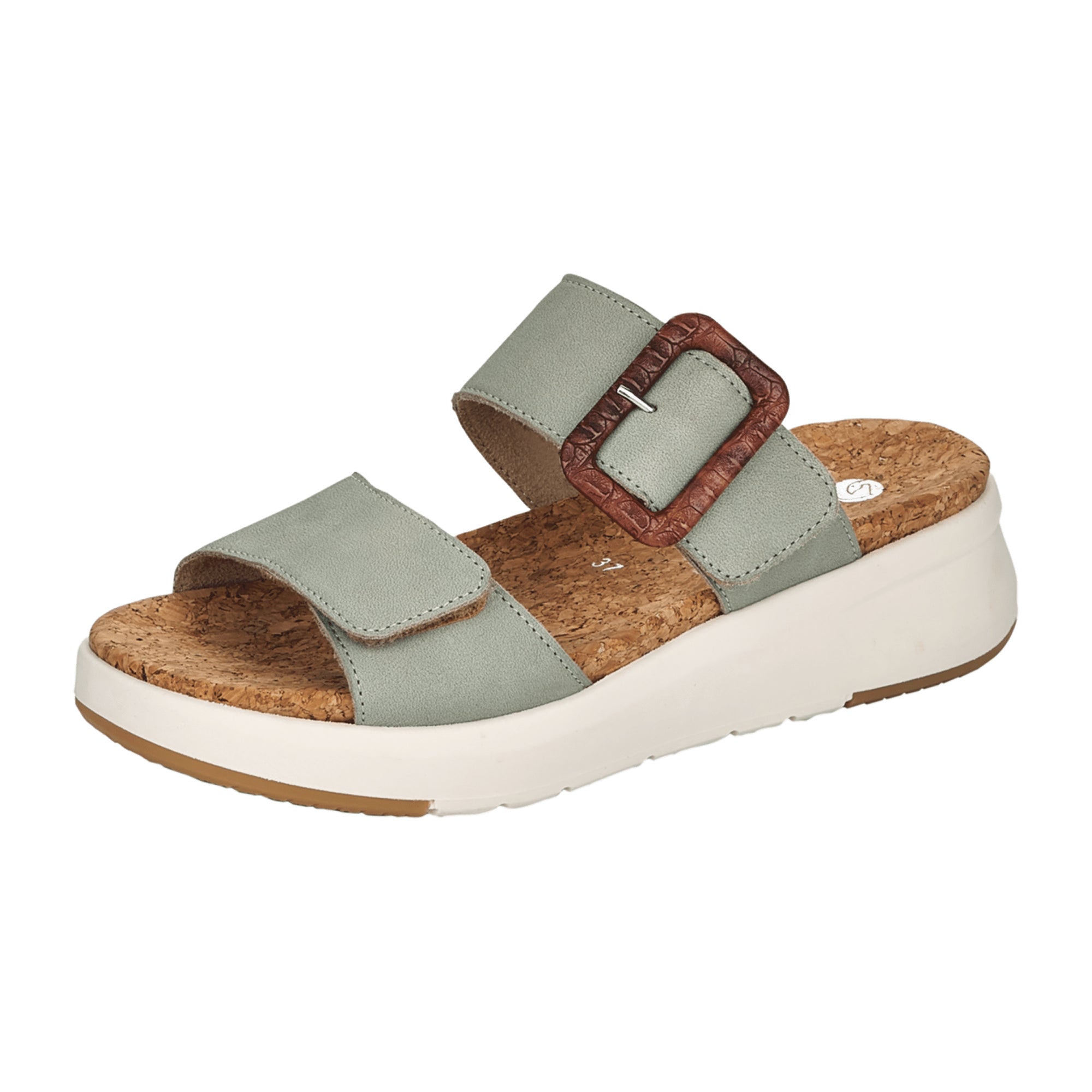 Remonte Women's Green Leather Sandals with Wedge Heel and Velcro Strap