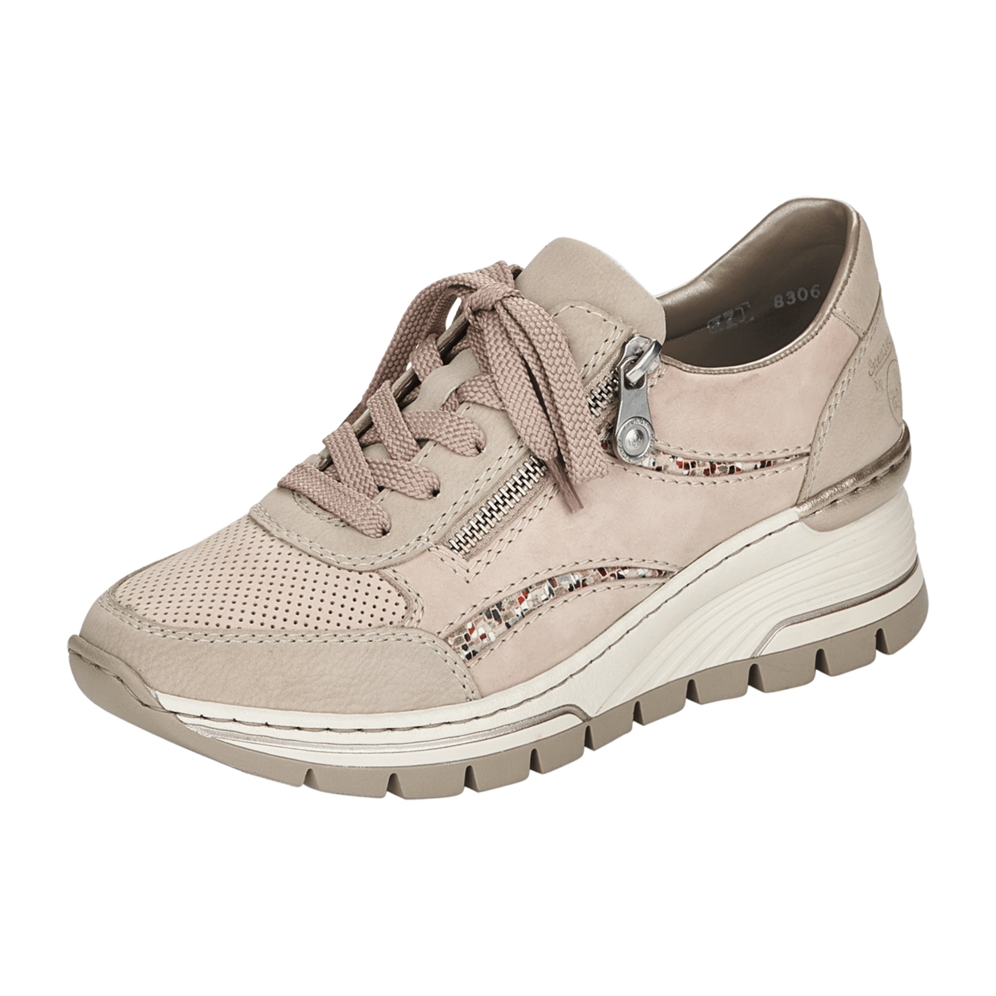 Rieker Women's Beige Sneakers with Zip and Lace Closure, Lightweight Comfort Sole
