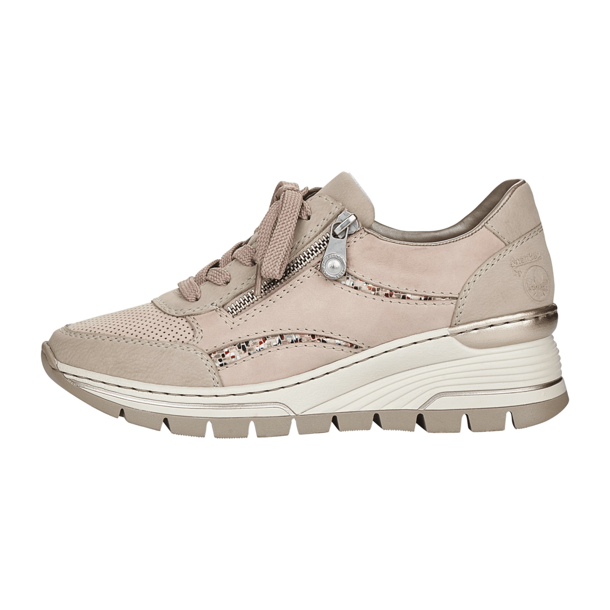 Rieker Women's Beige Sneakers with Zip and Lace Closure, Lightweight Comfort Sole