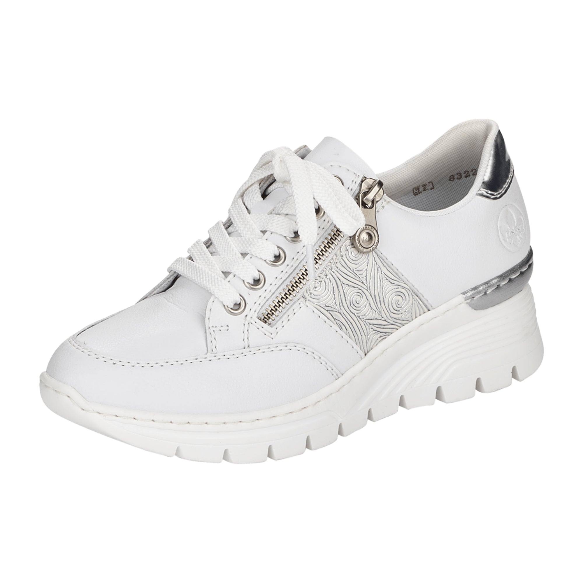 Rieker White Women's Leather Sneakers with Zip and Lace-Up Comfort Sole