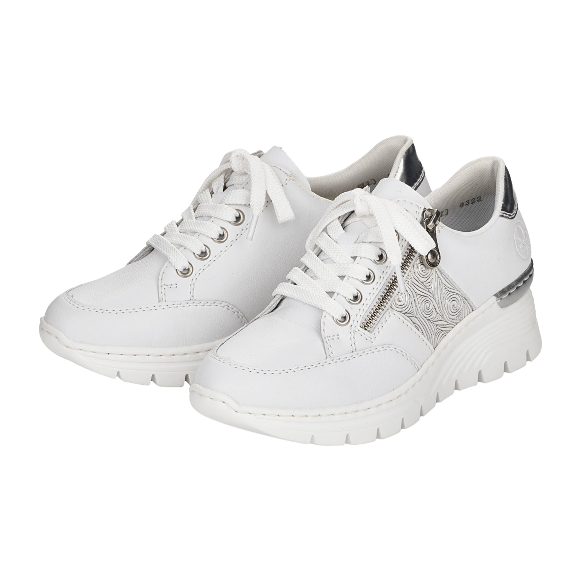 Rieker White Women's Leather Sneakers with Zip and Lace-Up Comfort Sole