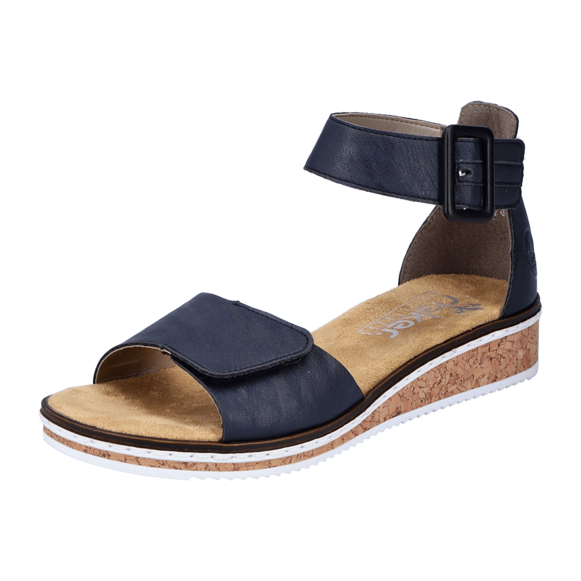 Rieker Women's Blue Wedge Sandals with Velcro Strap and Cushioned Sole