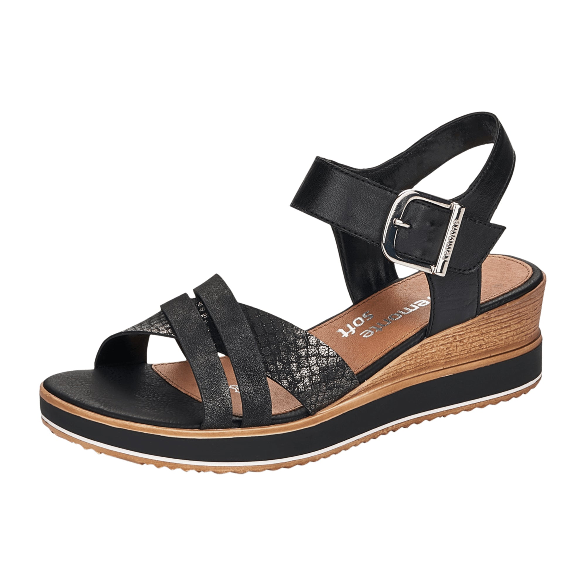 Remonte Women's Black Wedge Sandals with Straps and Velcro Closure