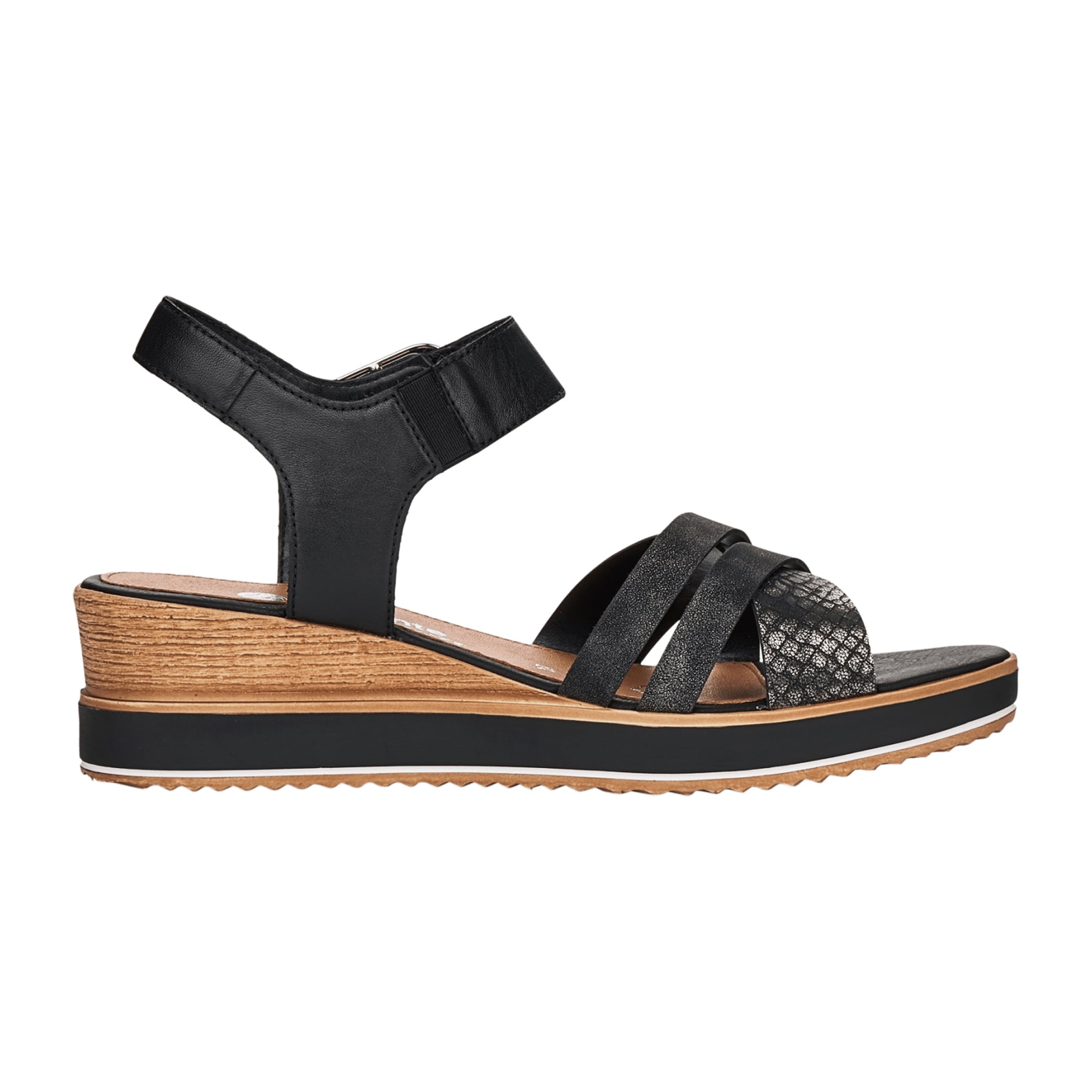 Remonte Women's Black Wedge Sandals with Straps and Velcro Closure