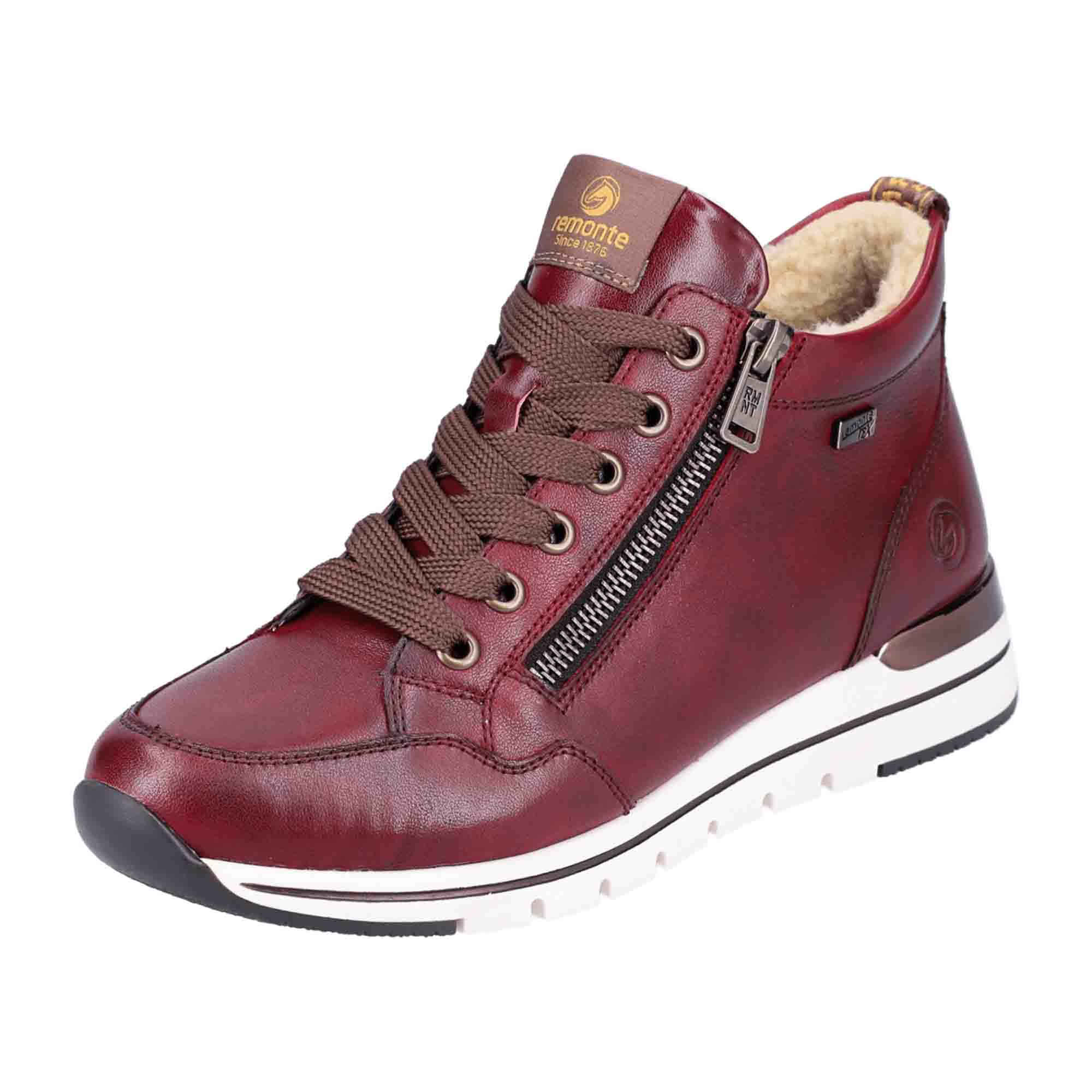 Remonte Women's Red High-Top Leather Ankle Boots with Side Zipper and Warm Lining