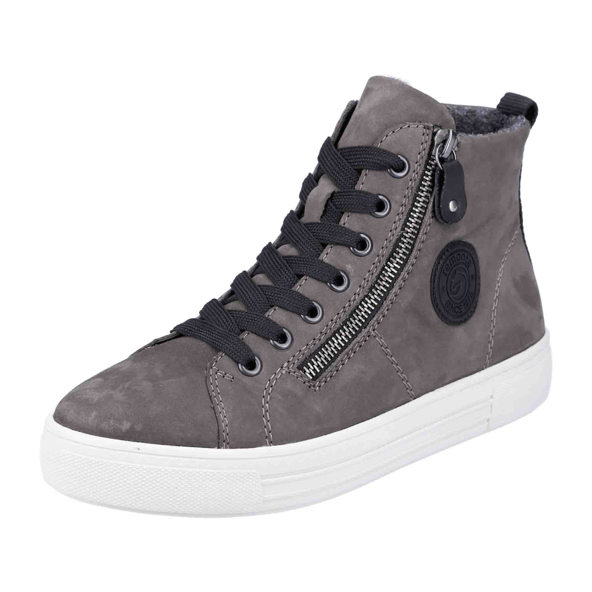 Remonte High-Top Sneakers for Women Grey Nubuck Leather with Zip and Laces