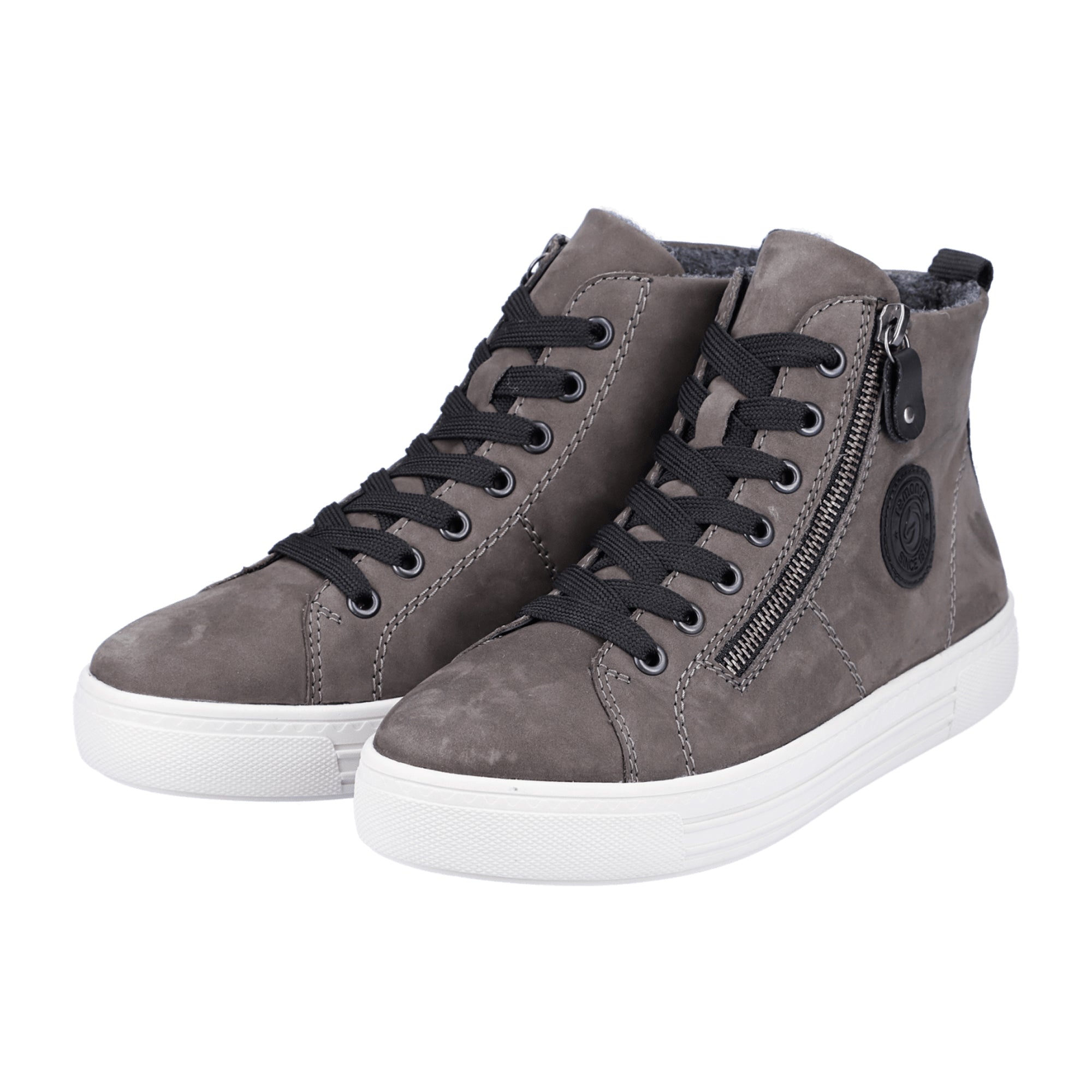 Remonte High-Top Sneakers for Women Grey Nubuck Leather with Zip and Laces