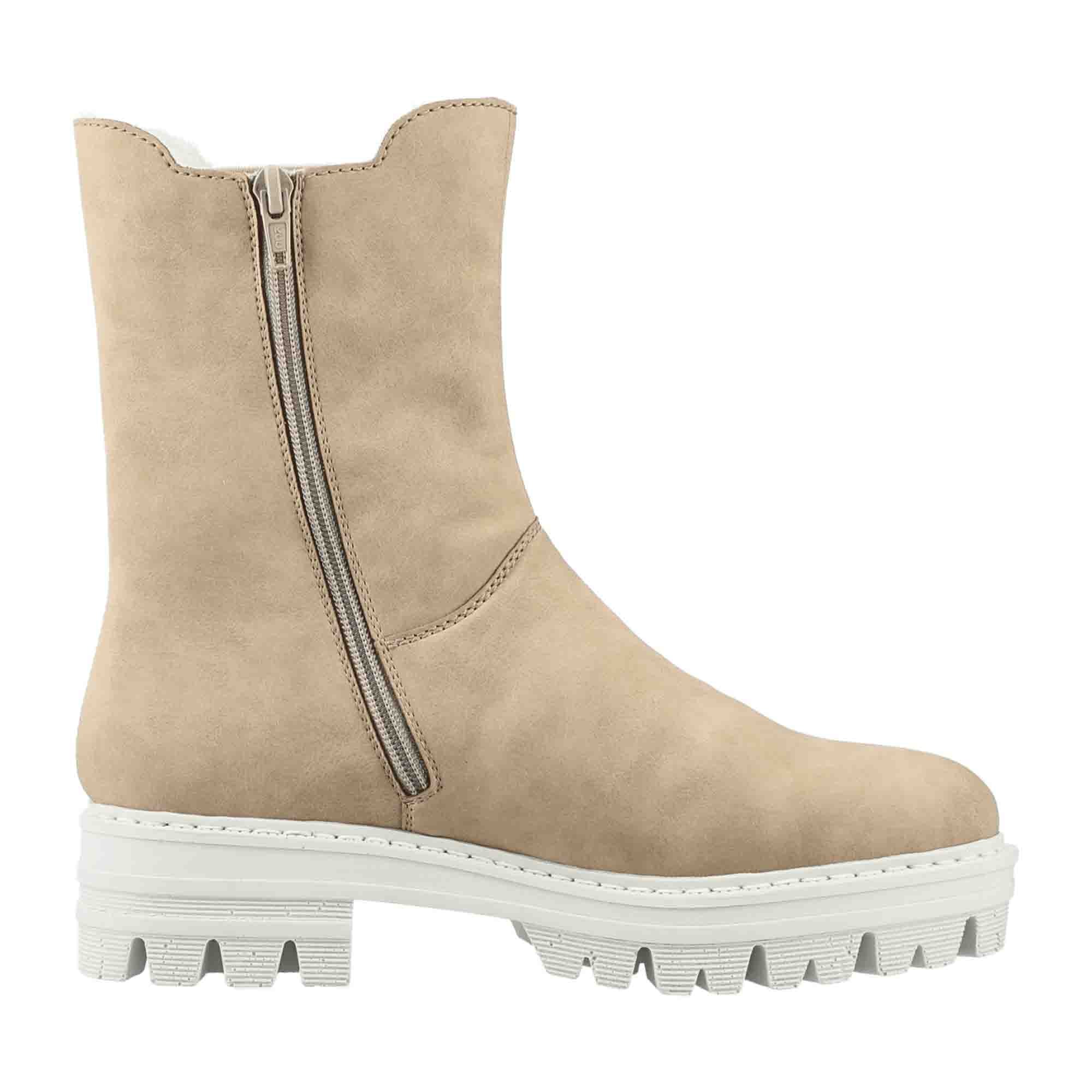 Rieker Women's Beige Zip-Up Ankle Boots with Cold Lining and Block Heel