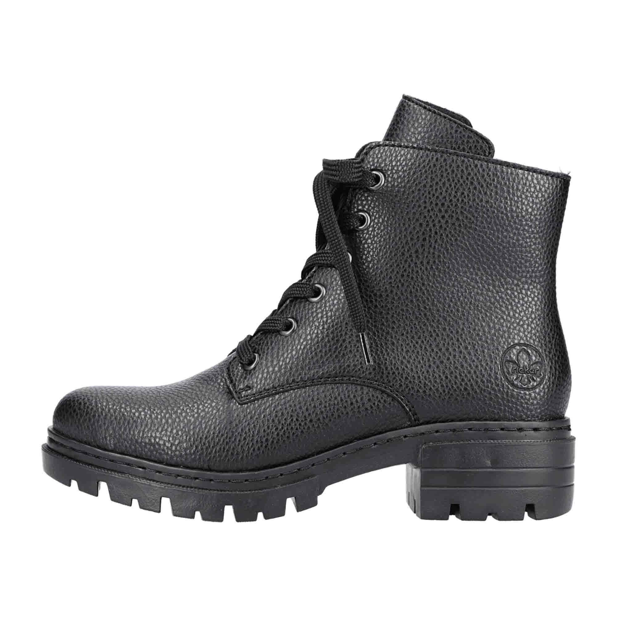 Rieker Women's Black Lace-Up Ankle Boots with Warm Lining and Block Heel
