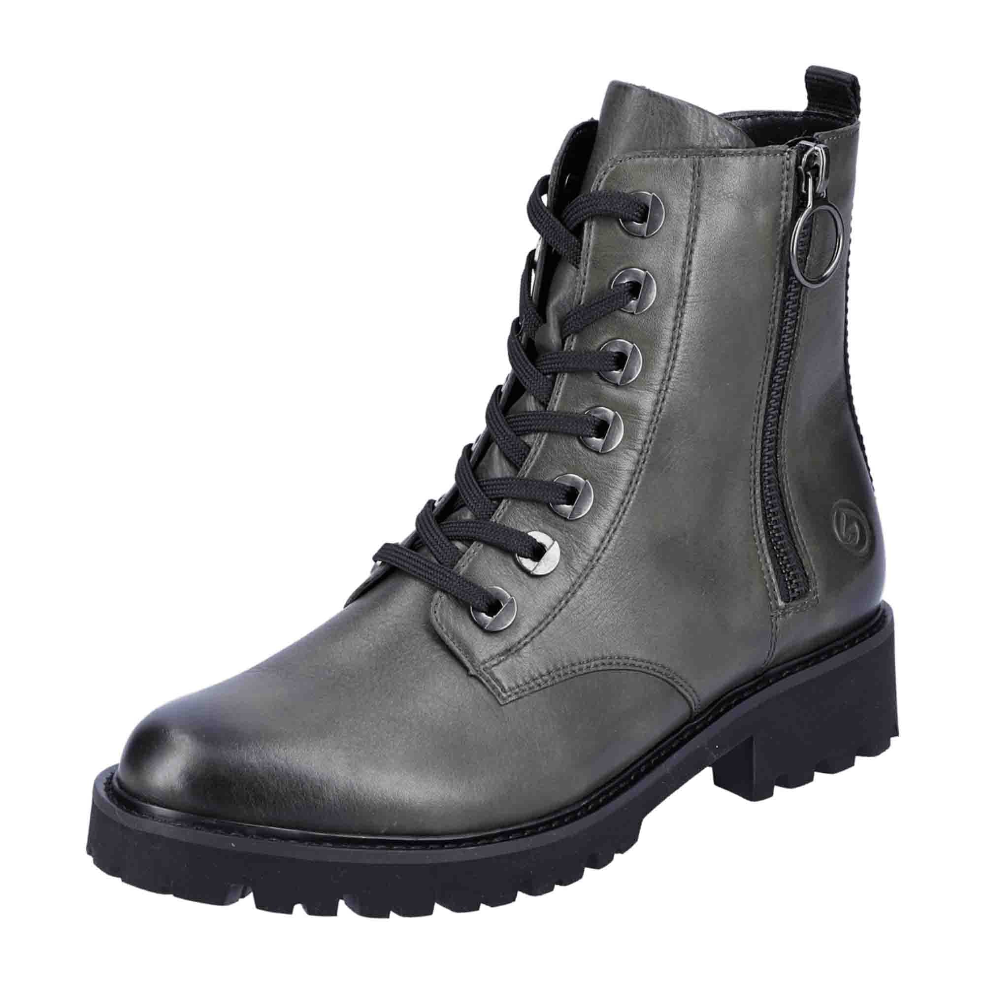 Remonte Green Leather Biker Boots for Women with Zipper and Laces