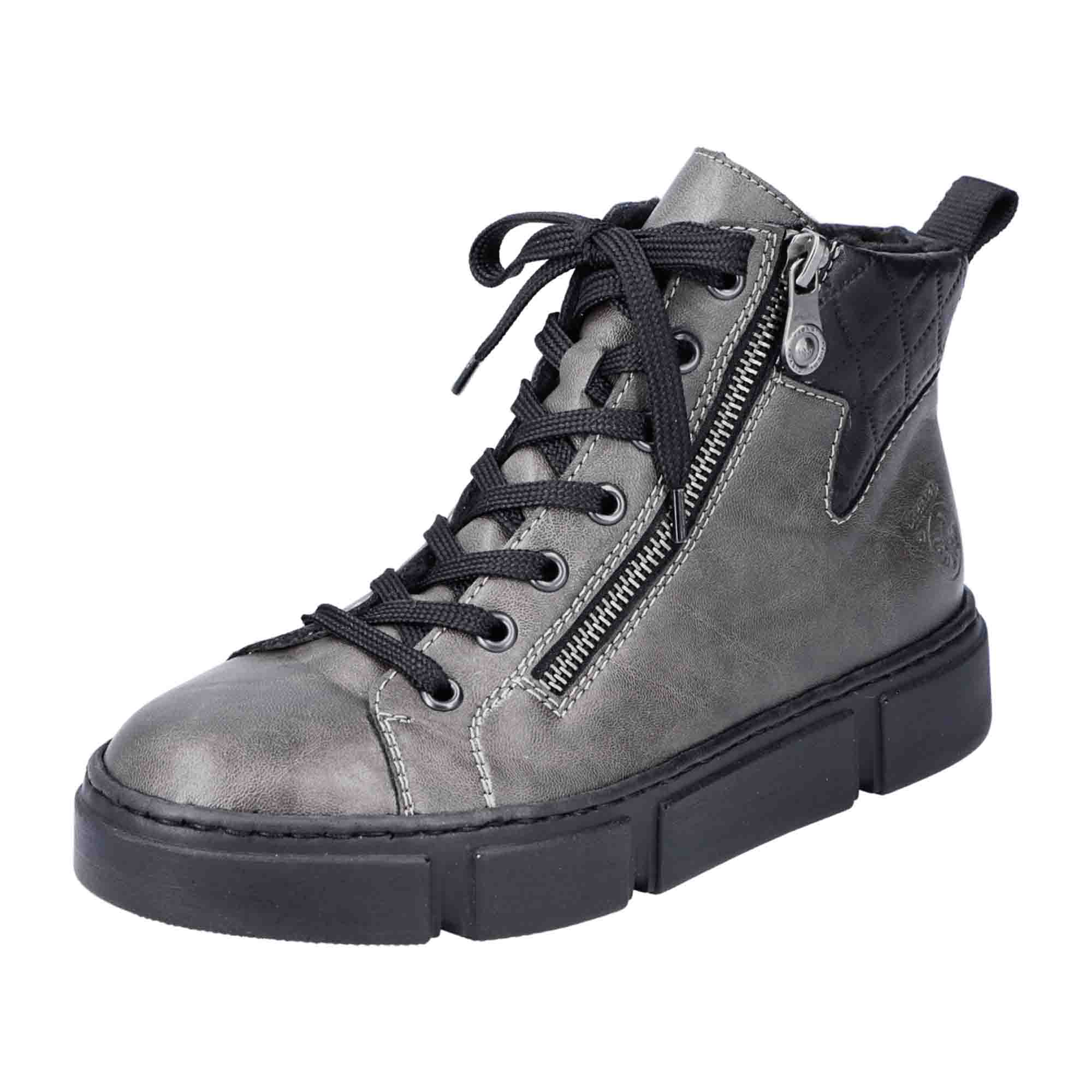 Rieker N5909 Women's Gray Ankle Boots with Zipper and Laces Warm Lined