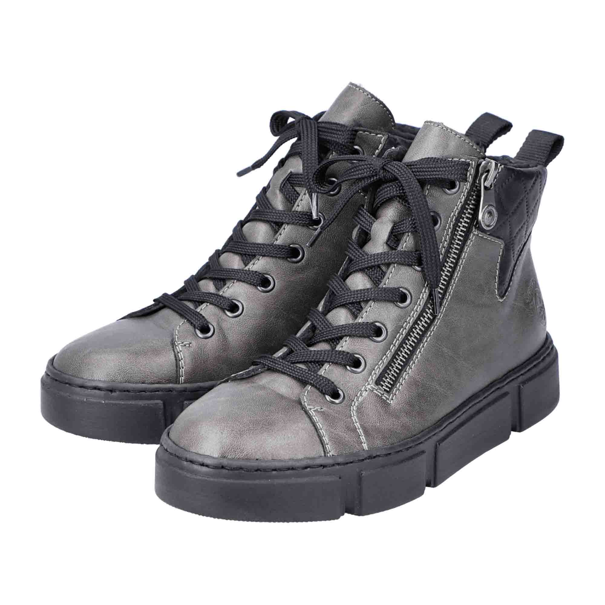 Rieker N5909 Women's Gray Ankle Boots with Zipper and Laces Warm Lined