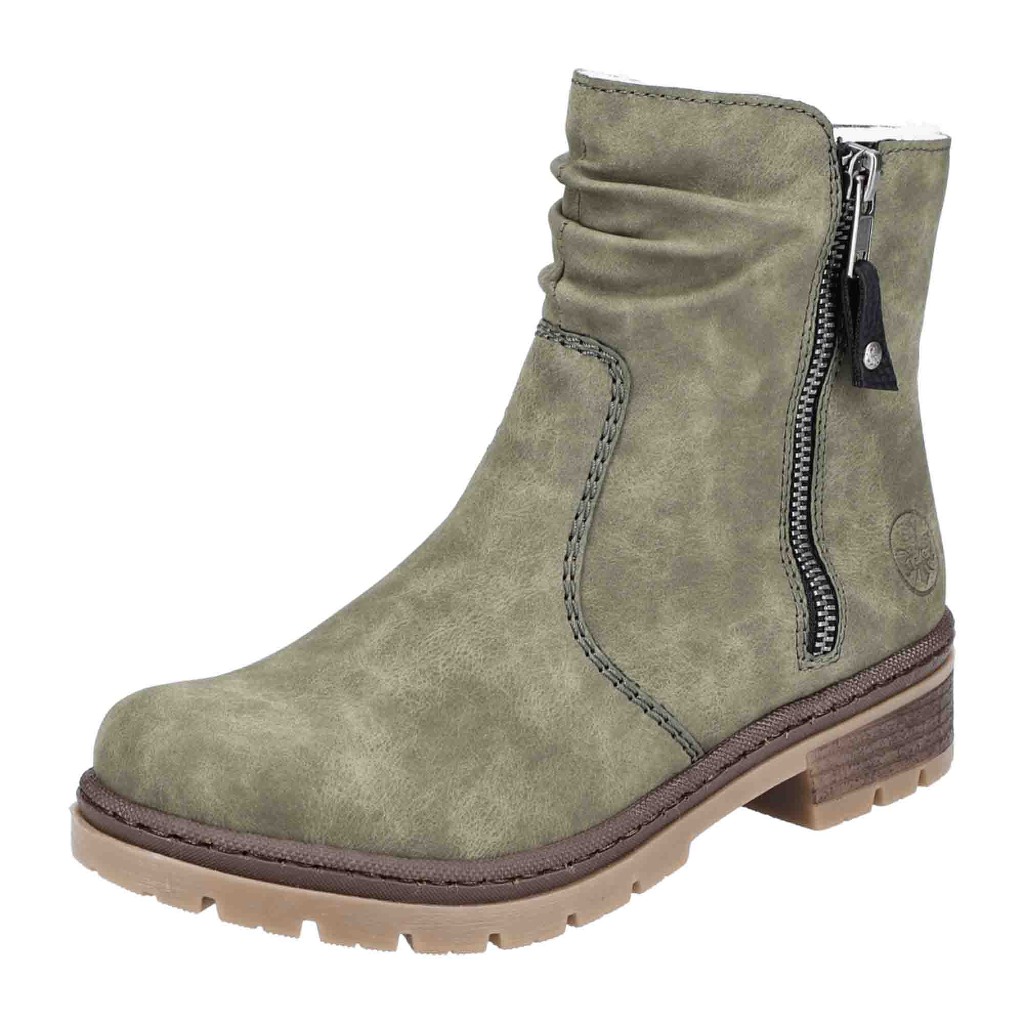 Rieker Women's Olive Ankle Boots with Warm Lining and Side Zipper for Winter