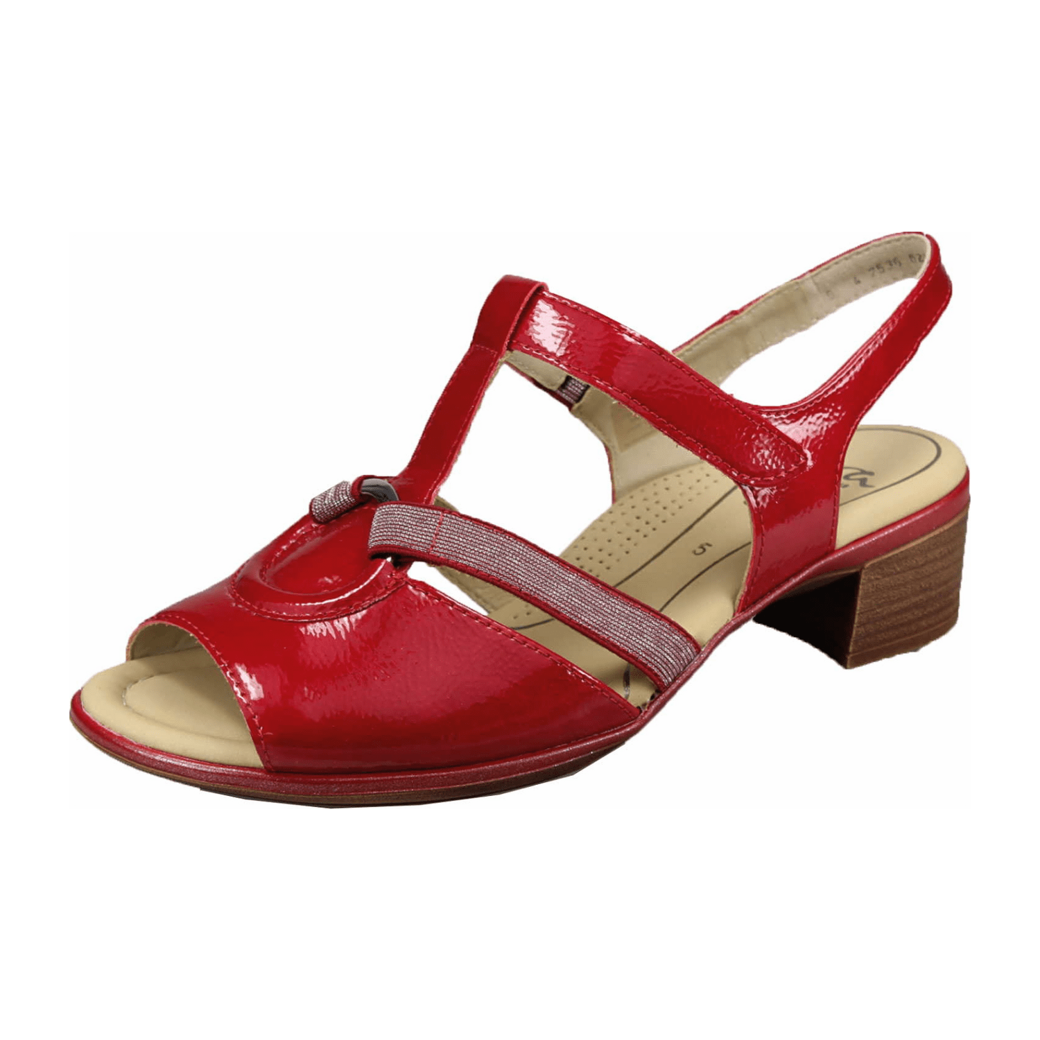 ARA Rosso Women's Red Patent Leather Sandals with Hook-and-Loop Closure and Open Toe