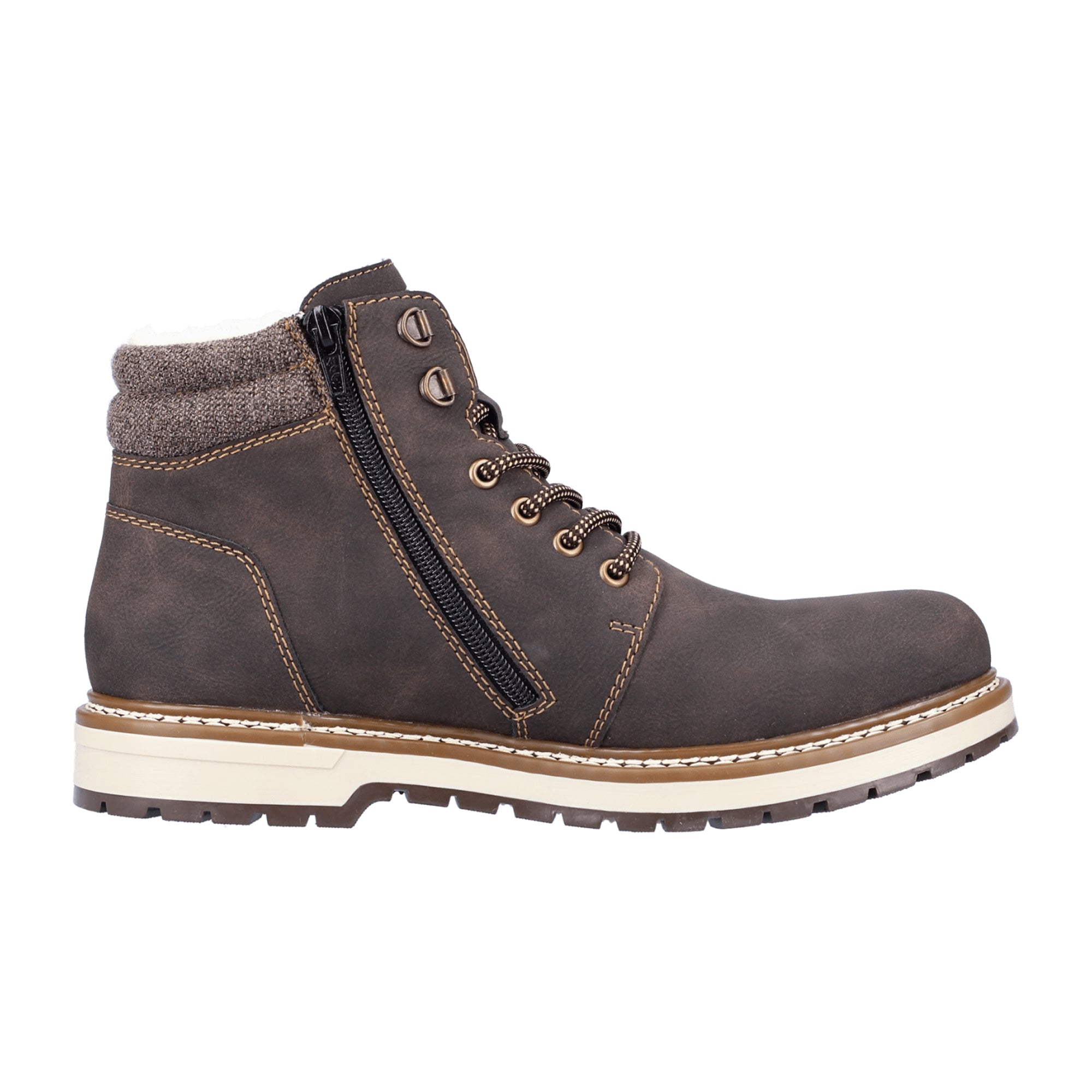 Rieker Men's Brown Leather Boots F381125 with Warm Wool Lining and Rubber Sole