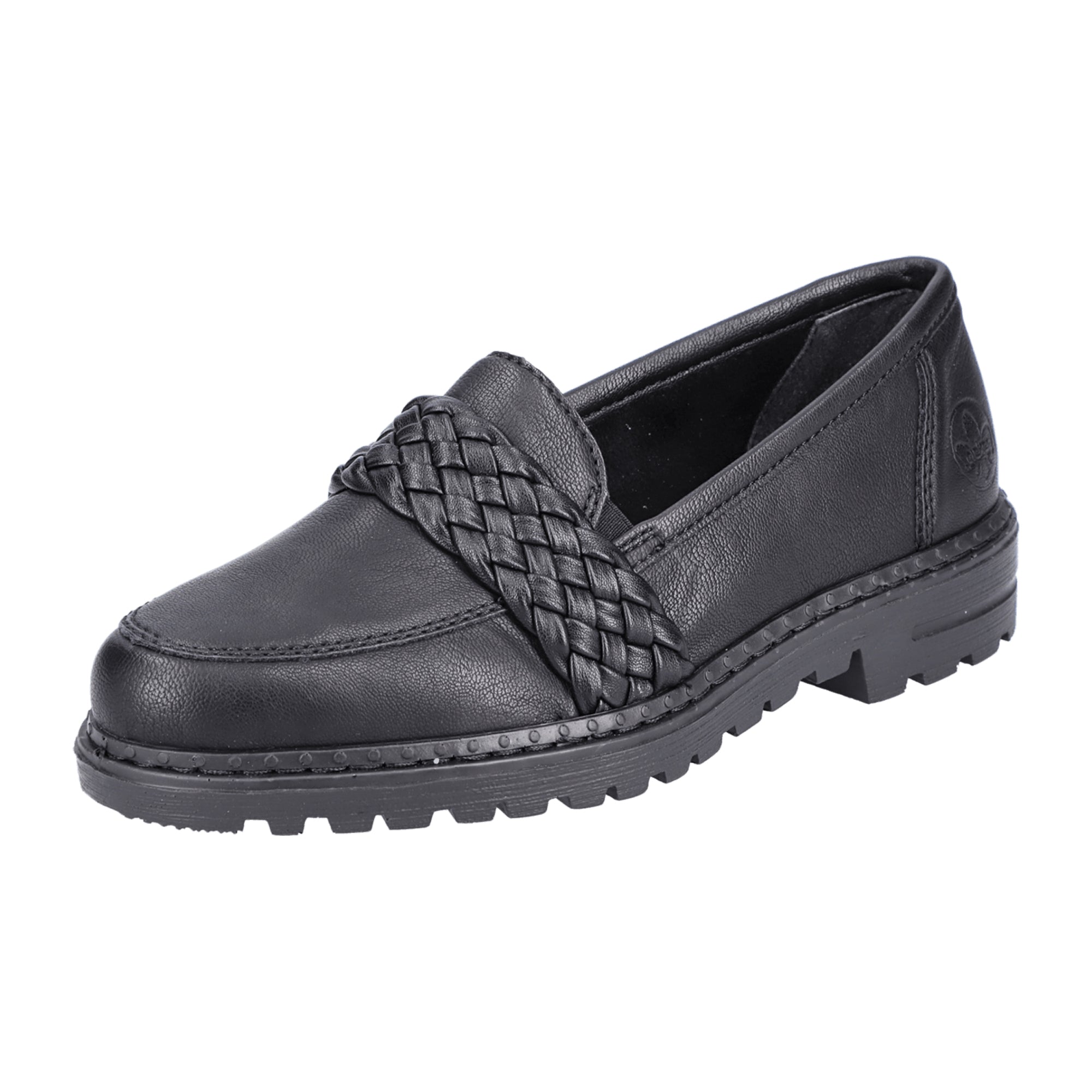 Rieker Women's Black Slip-On Loafers with Chunky Sole and Braided Detail